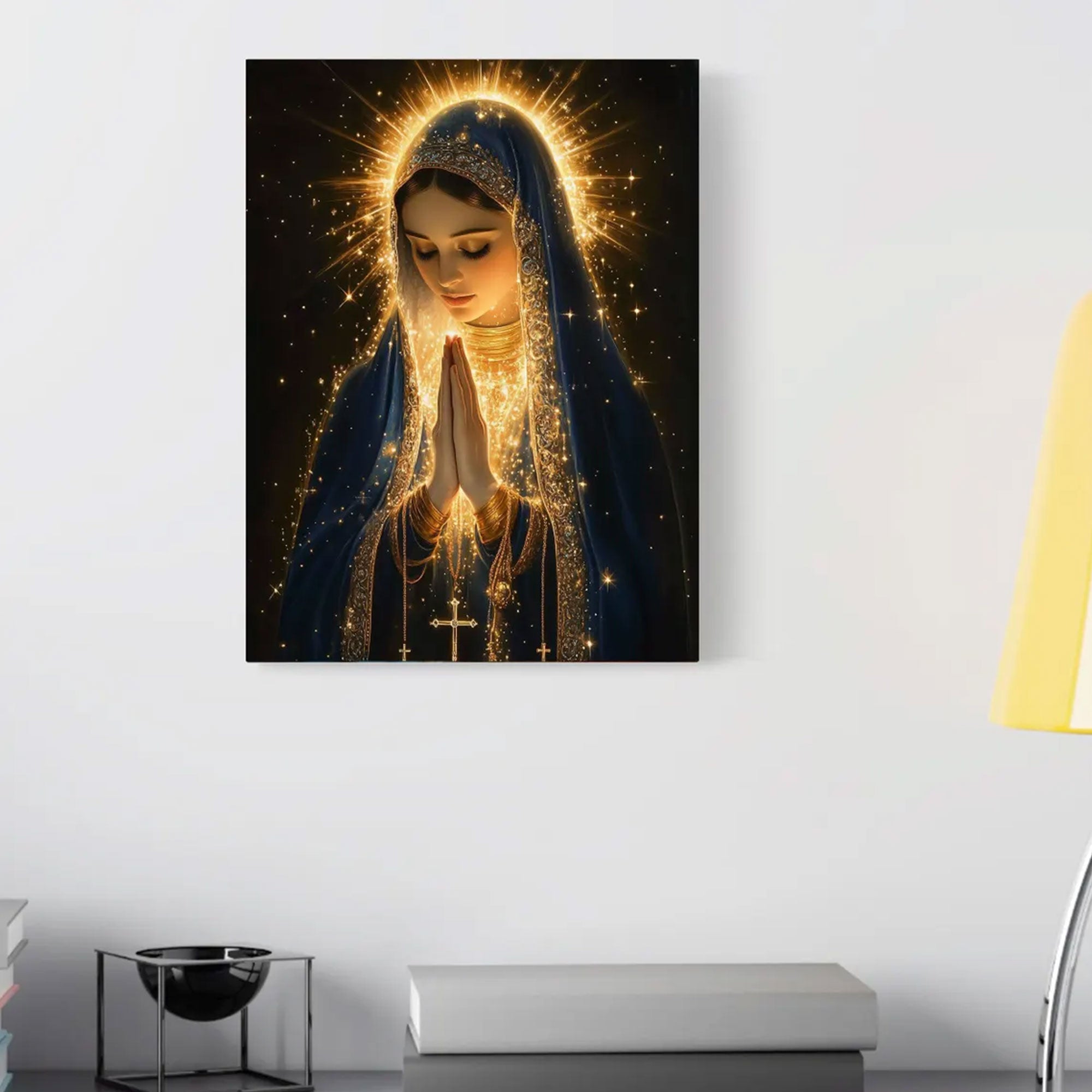 Virgin Mary Canvas Wall Art, Glowing Light Catholic Decor, Spiritual Christian Home Decoration