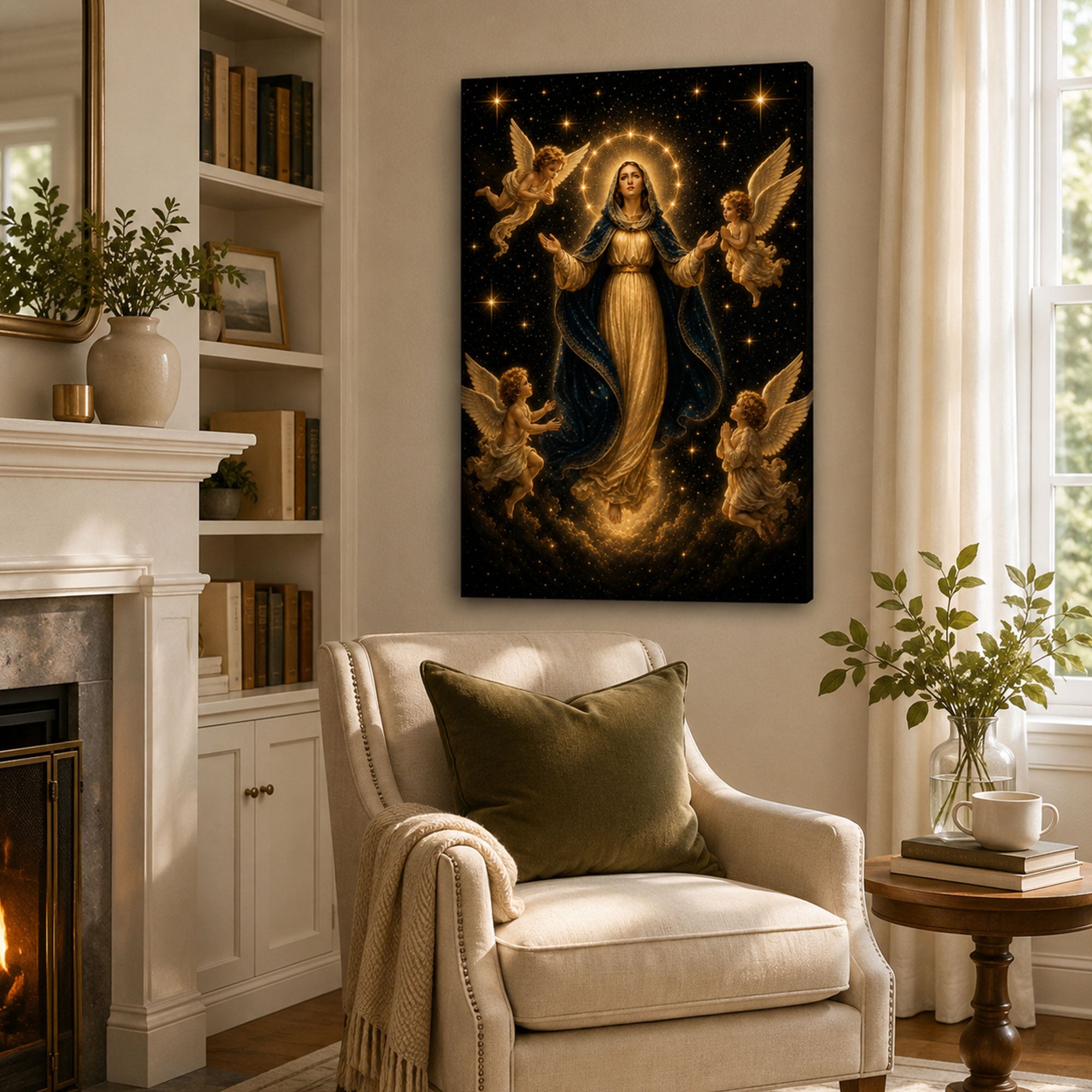 Virgin Mary with Angels Canvas Print, Catholic Home Decor