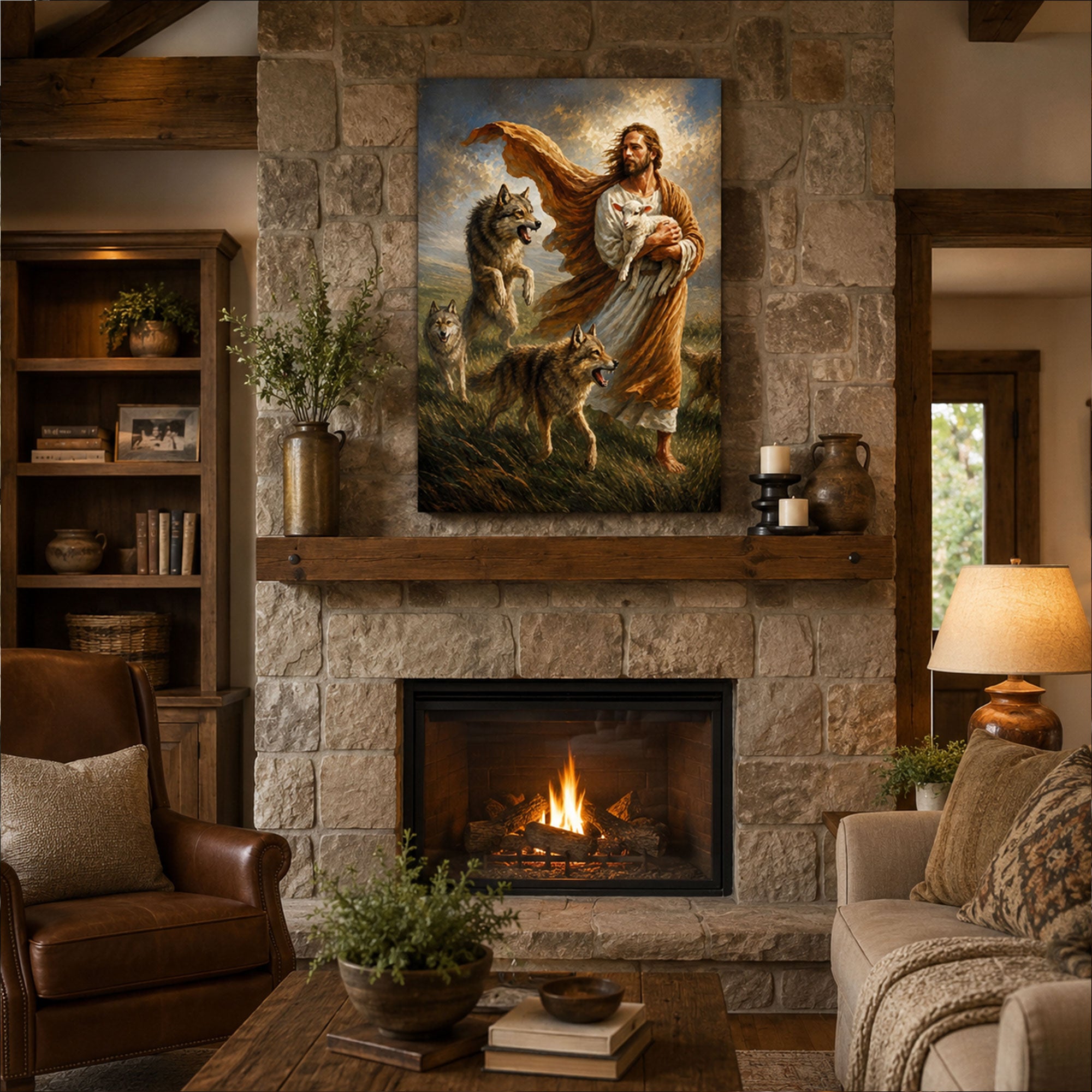 Jesus Protecting the Lamb Canvas Print, Good Shepherd Christian Wall Art, Faith Home Decor Gift