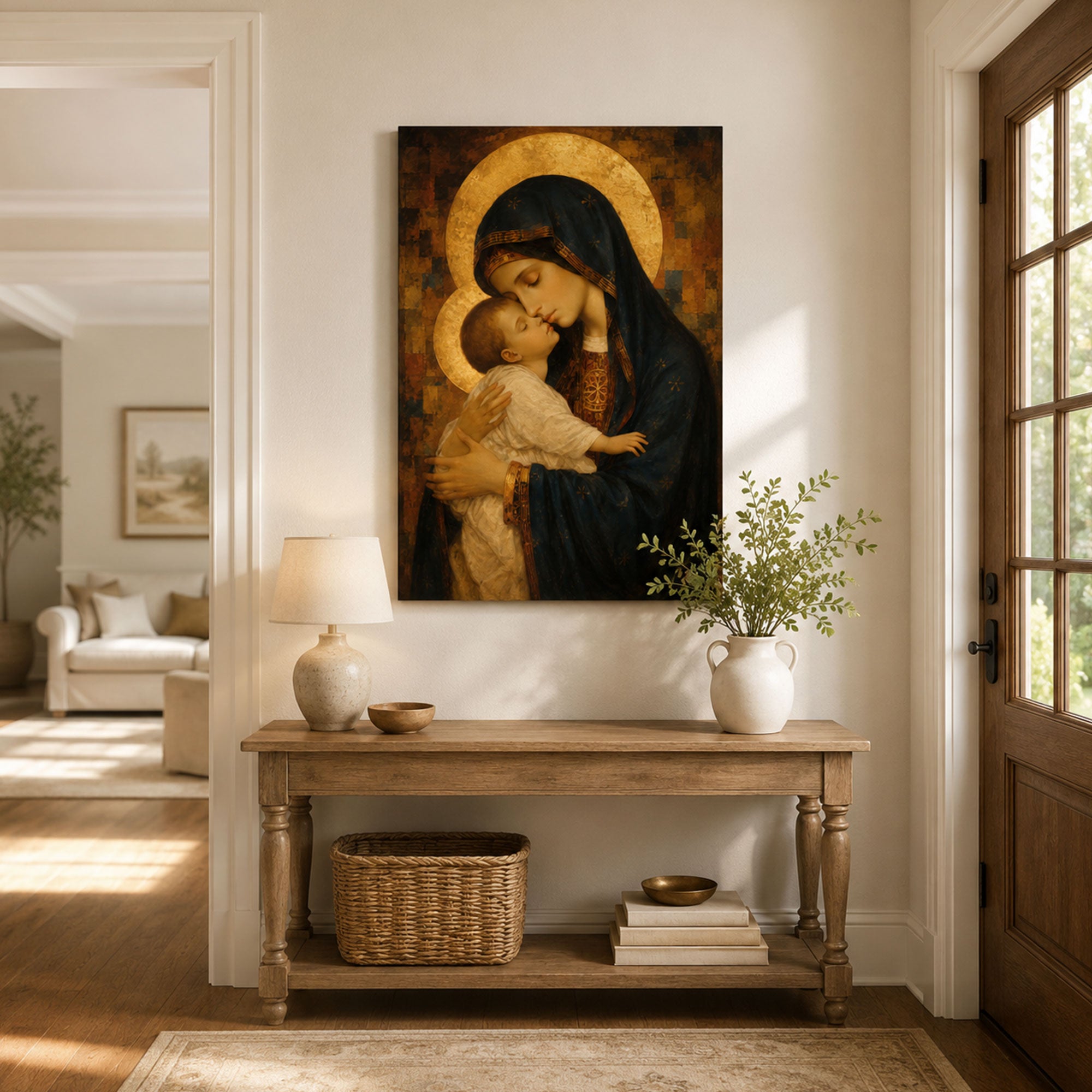 Virgin Mary Holding Baby Jesus Canvas Print, Christian Home Decor