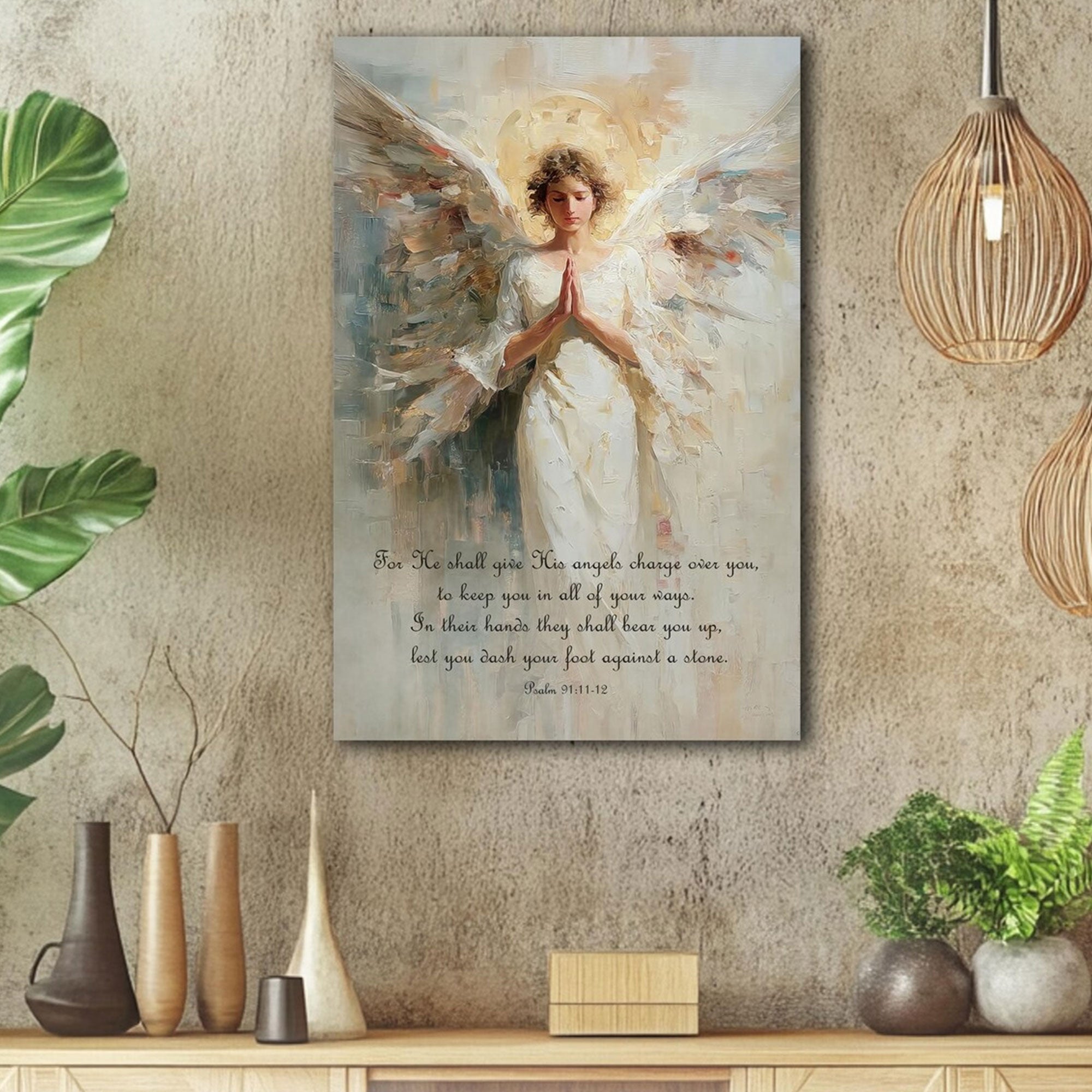 Psalm 91 Guardian Angel Canvas Print, Christian Angel Wall Art, Faith Home Decor