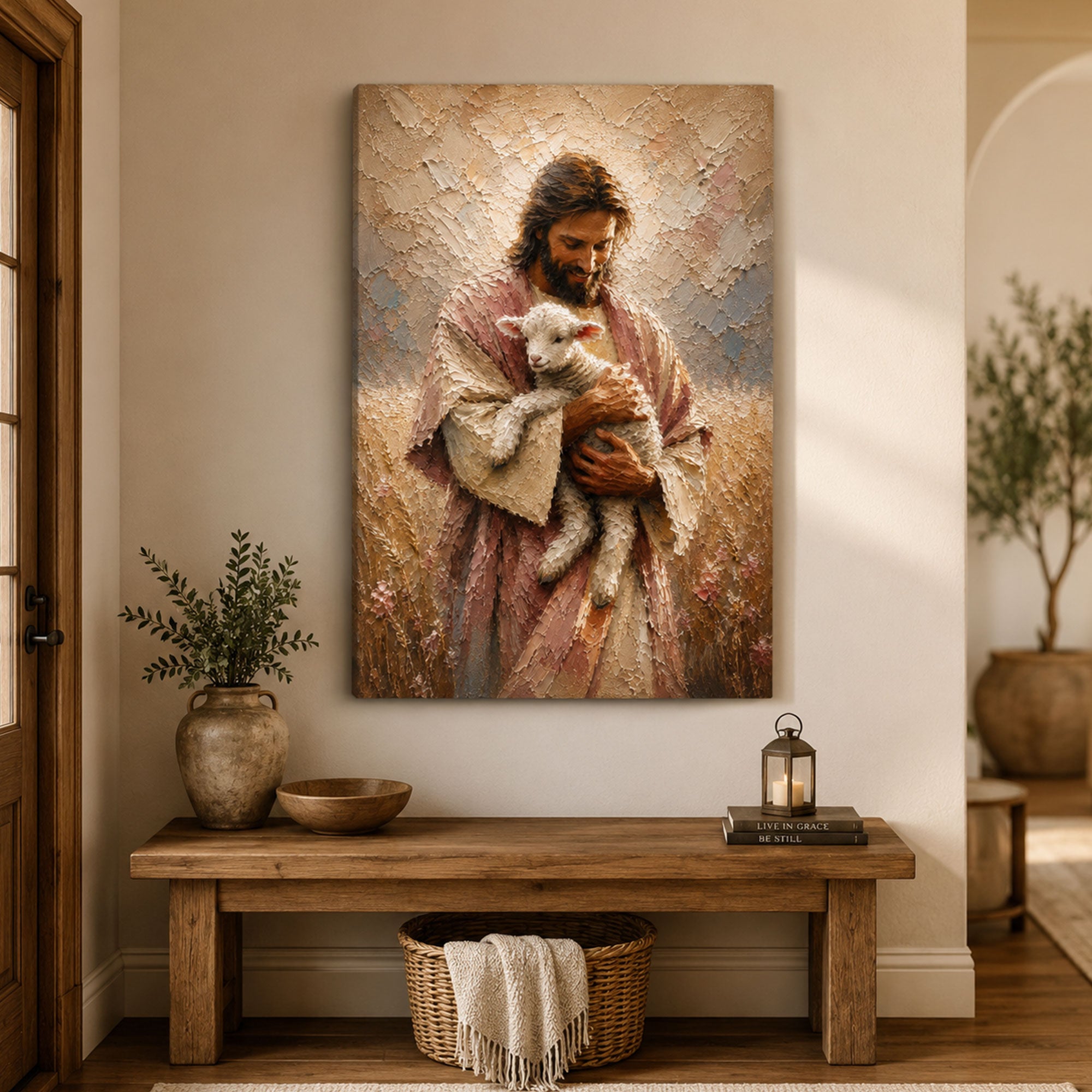 Jesus Holding Lamb Canvas Print, Good Shepherd Christian Wall Art, Peaceful Faith Home Decor