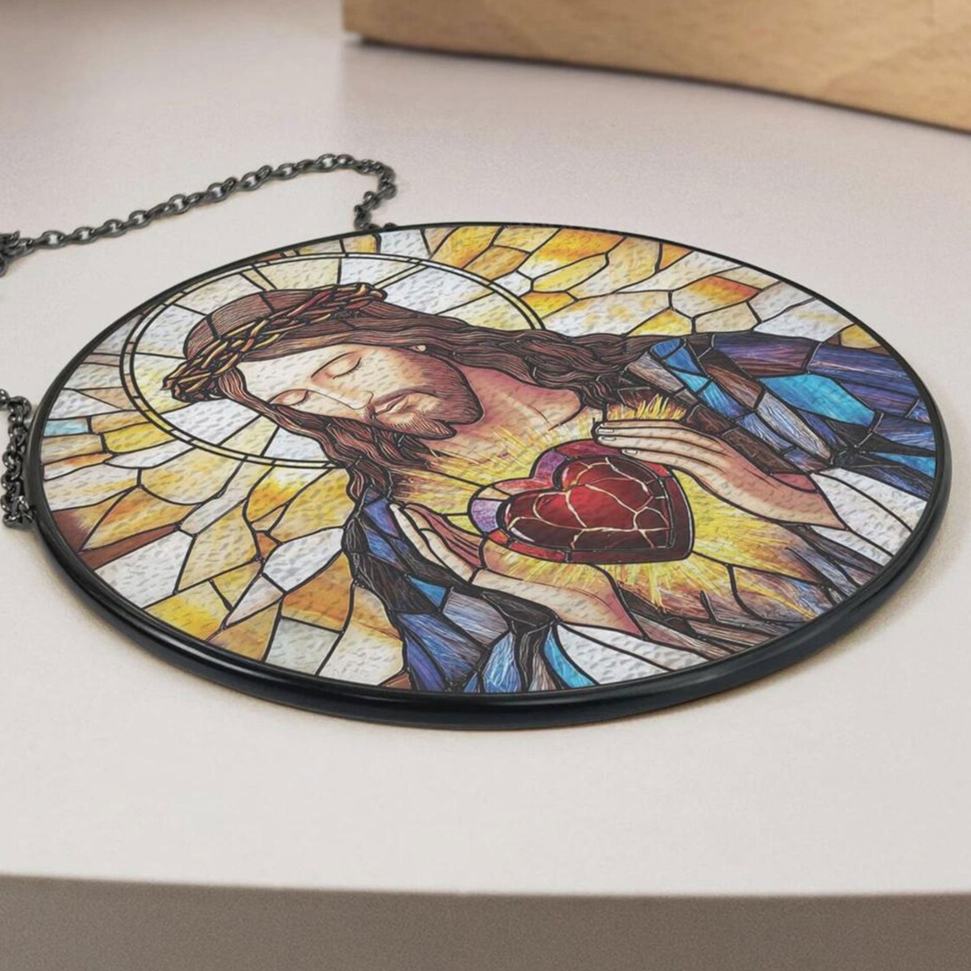 Sacred Heart of Jesus Stained Glass Suncatcher, Catholic Window Hanging Decor, Christian Religious Faith Gift for Mom Grandma