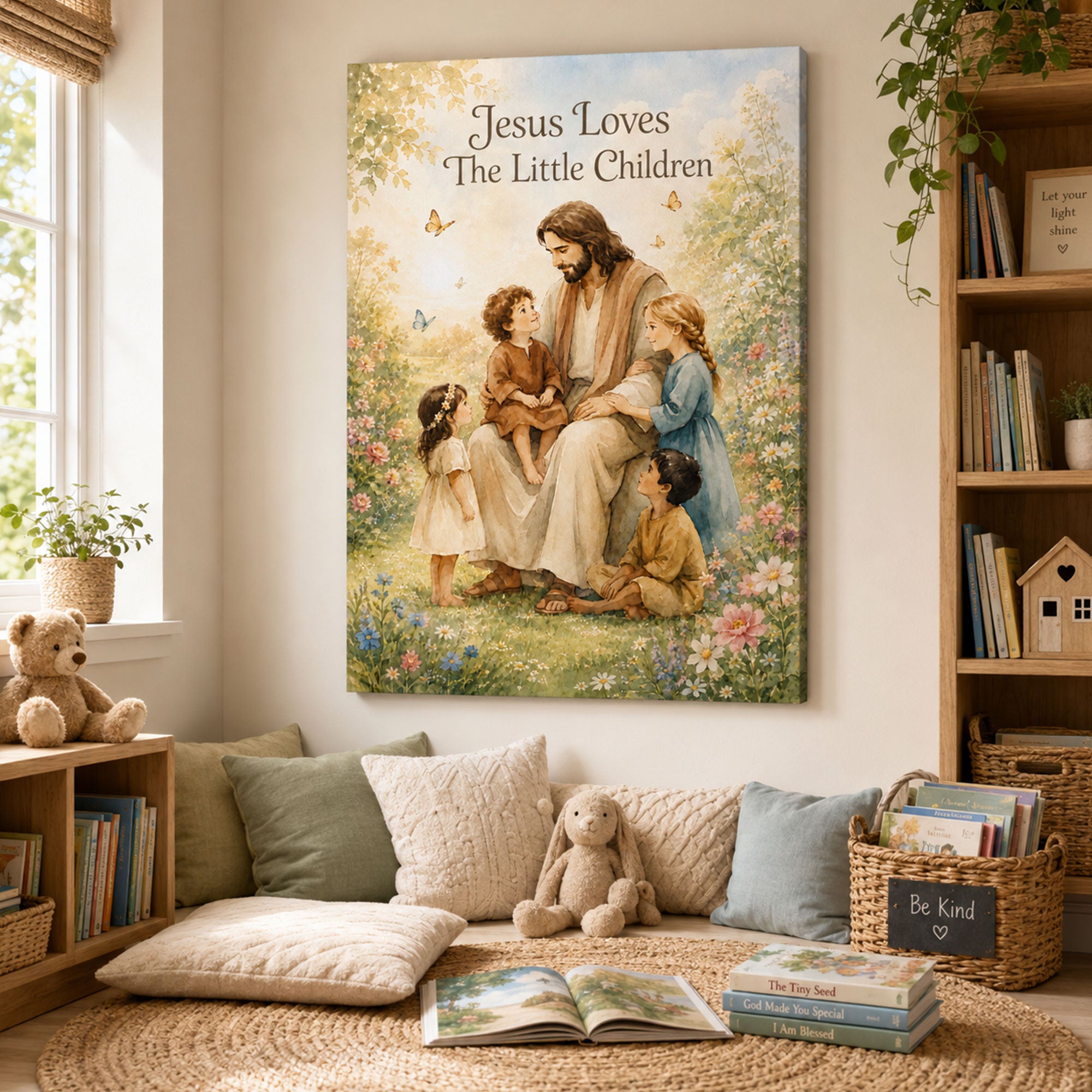 Jesus Loves The Little Children Canvas Print Christian Nursery Wall Art Watercolor Jesus with Kids Faith Decor