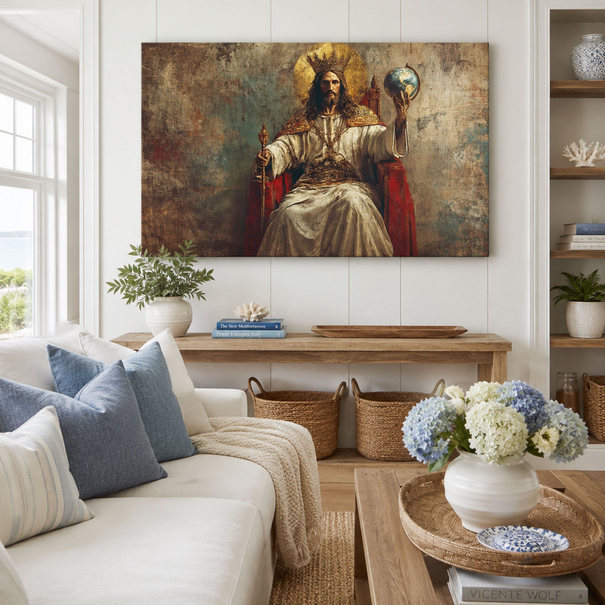 Christ the King Enthroned Renaissance Style Canvas Print Redeemer Ruler of the World Large Christian Wall Art