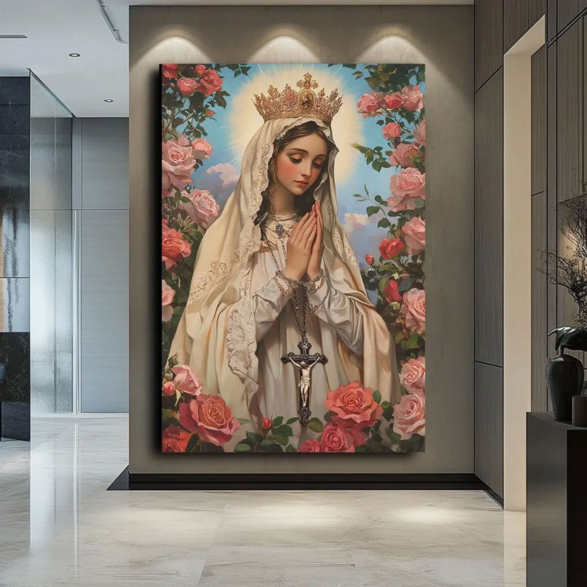 Virgin Mary Canvas Art, Holy Mother of God Wall Art, Sacred Catholic Icon with Roses, Blessed Mother Portrait, Inspirational Faith Gift, Religious Home Decor