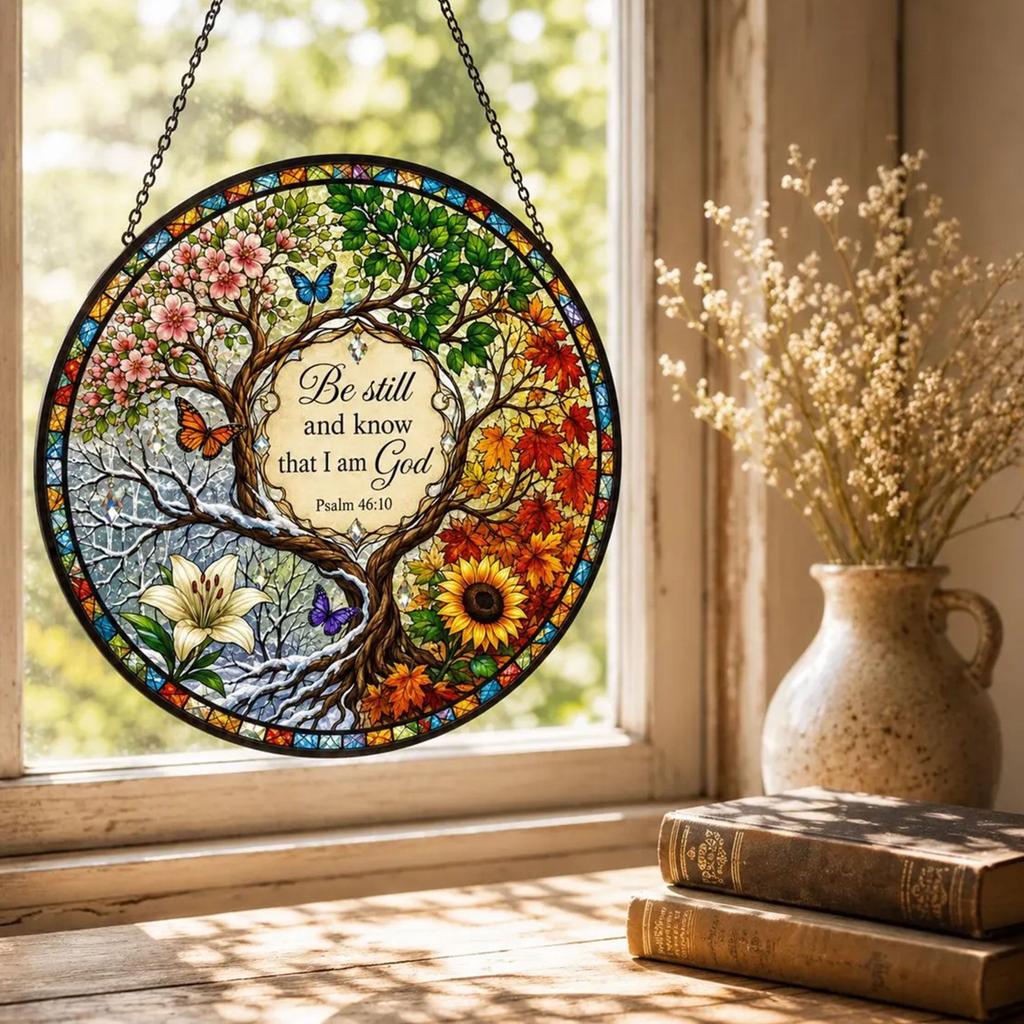Be Still and Know That I Am God Suncatcher, Psalm 46:10 Christian Window Hanging, Four Seasons Faith Gift