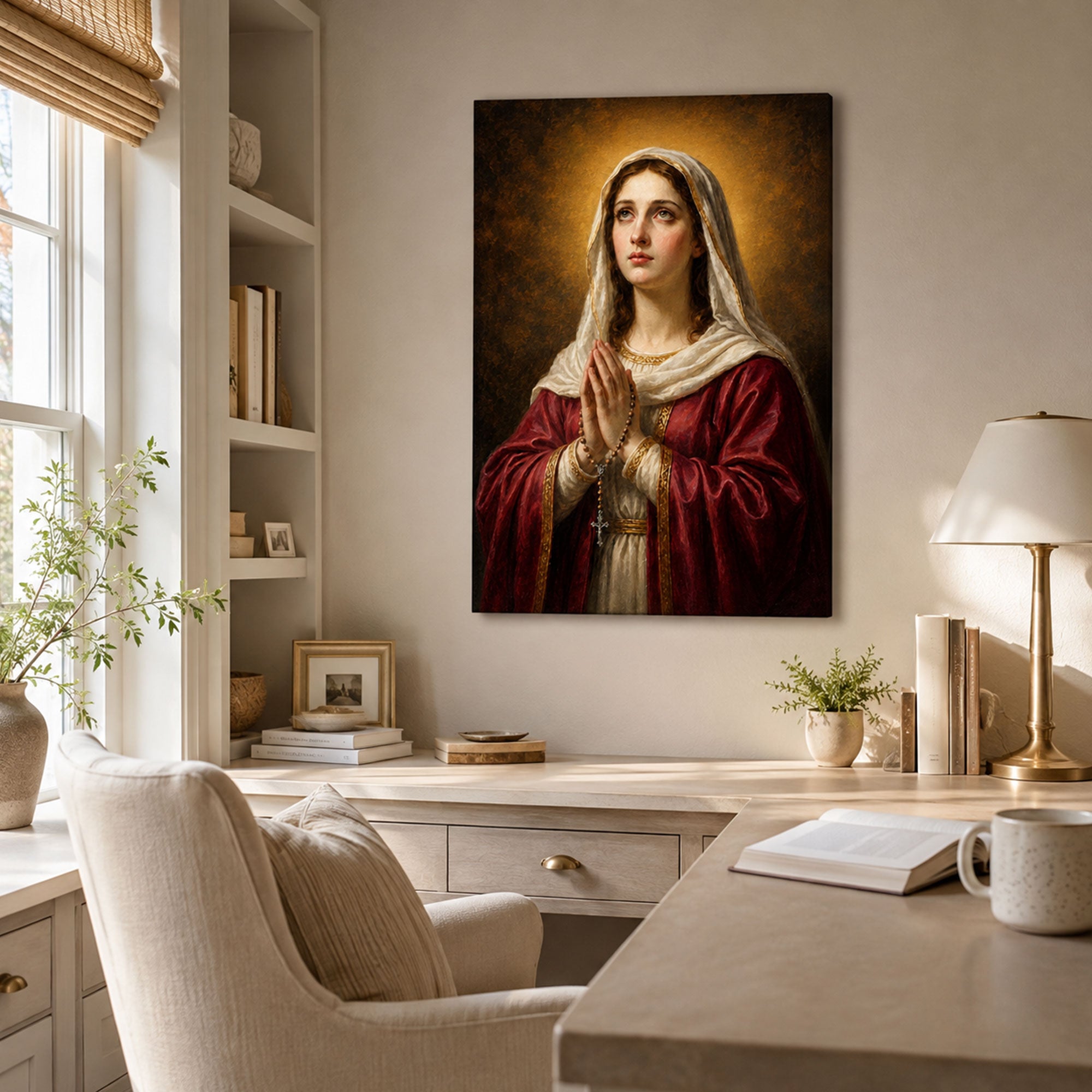 Virgin Mary Praying with Rosary Canvas Print, Catholic Wall Decor, Marian Faith Gift