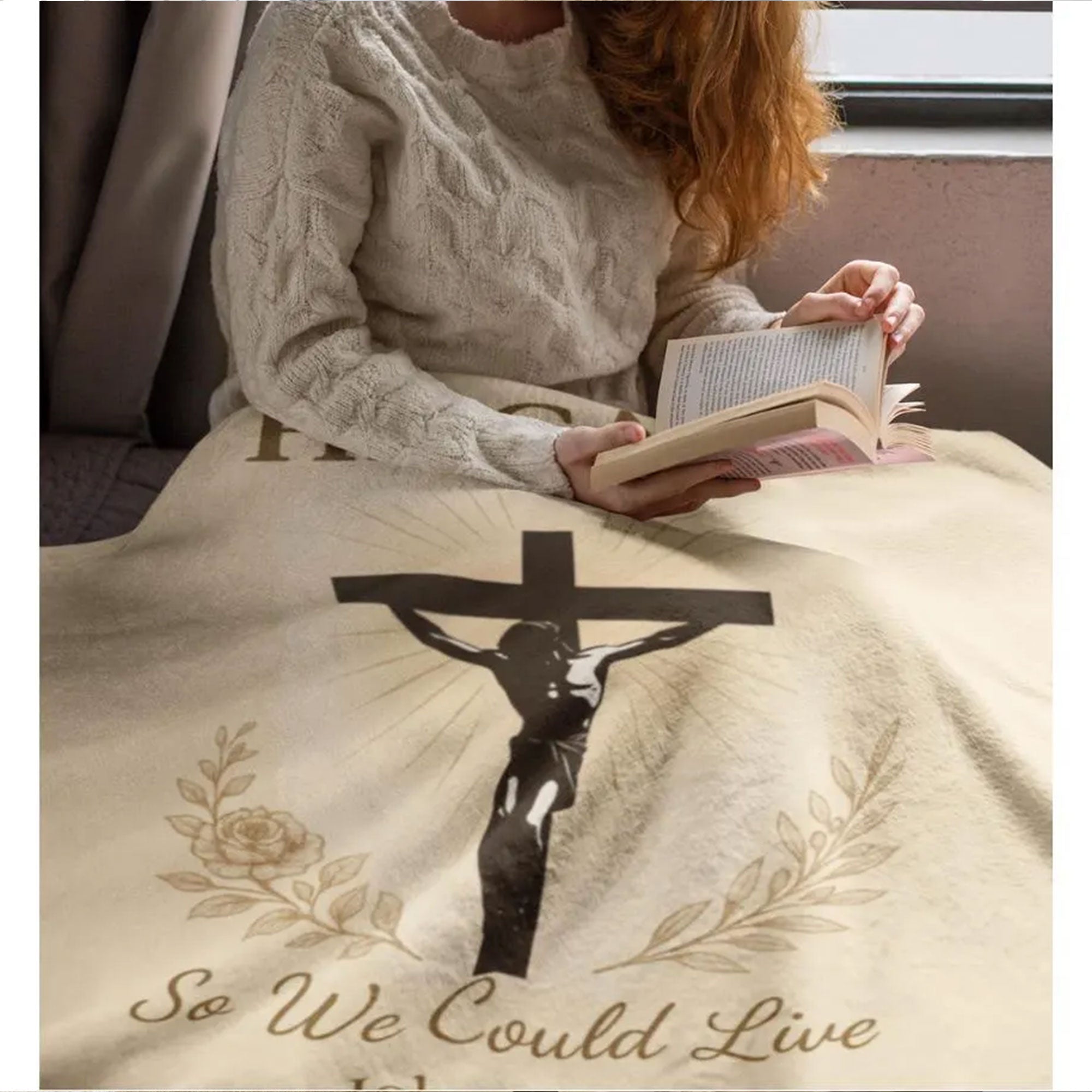 Christian Fleece Blanket, Jesus Crucifixion Throw, He Gave So We Could Live Scripture Blanket, Faith Gift for Mom, Grandma, Bible Verse Gift