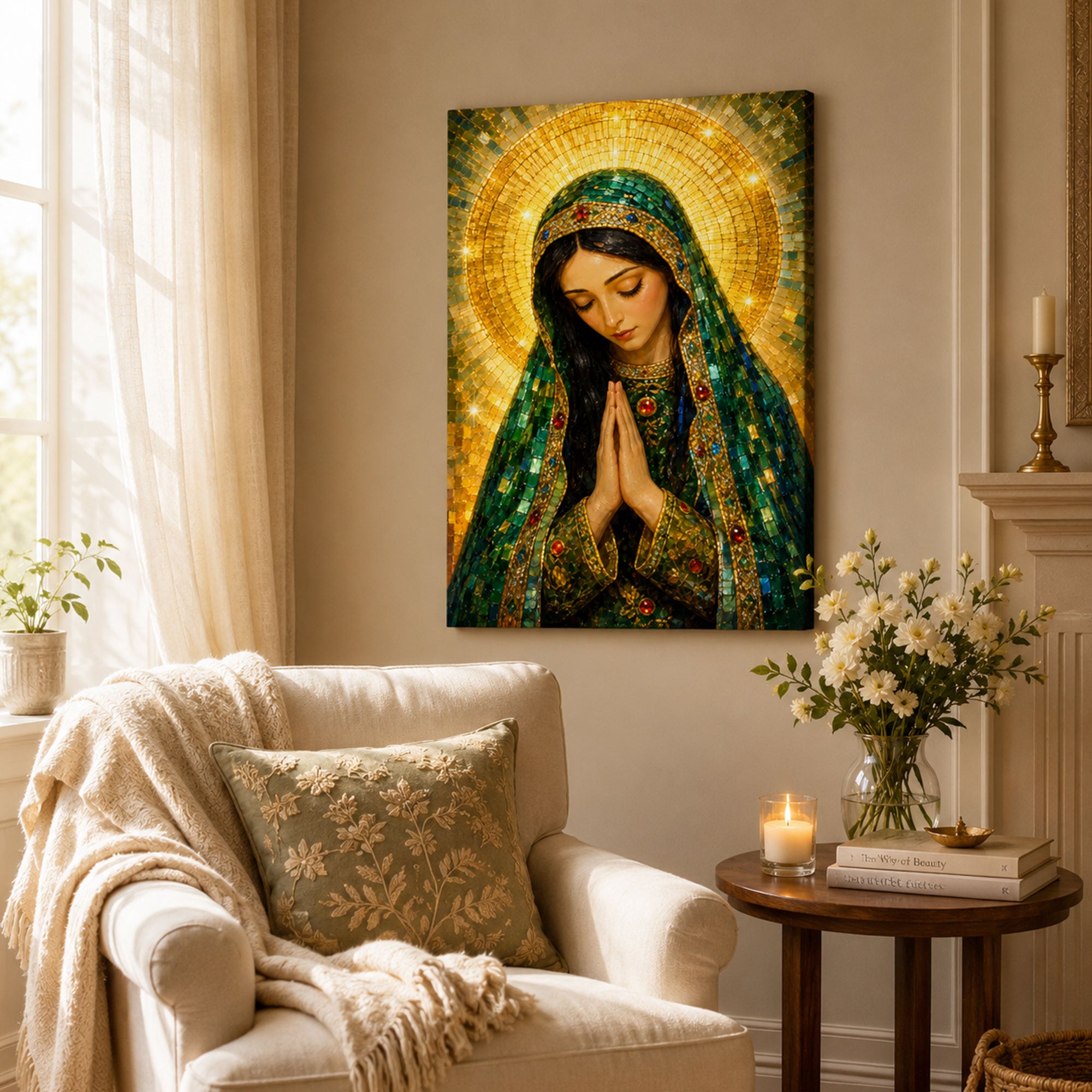 Our Lady of Emerald Grace Canvas Print, Mosaic Catholic Decor