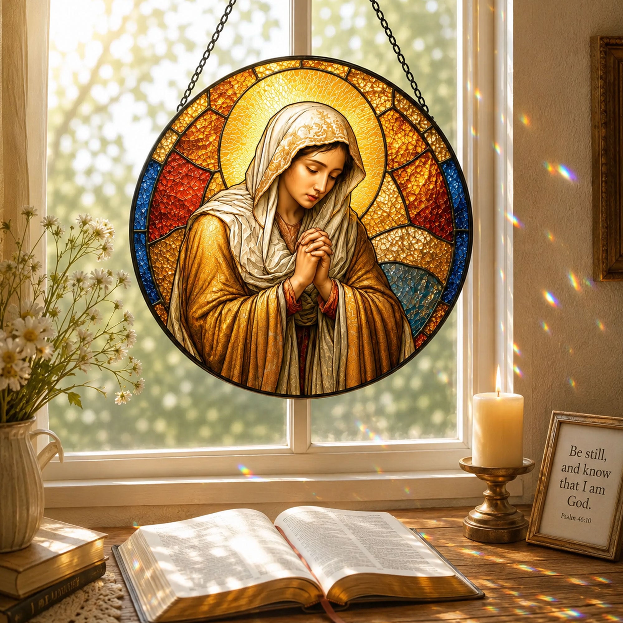 Virgin Mary Praying Suncatcher, Catholic Window Hanging, Christian Faith Gift for Women