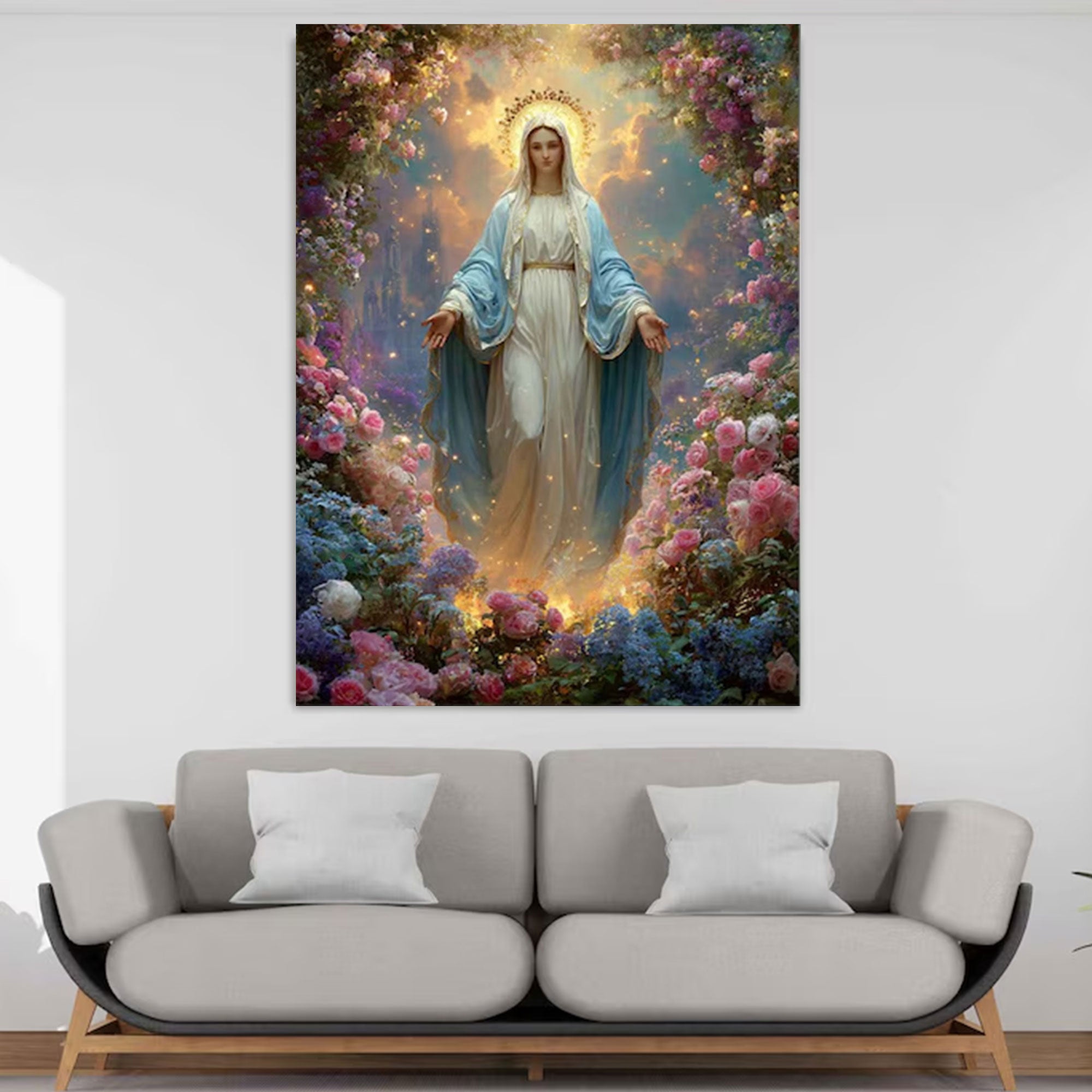 Virgin Mary Floral Canvas Wall Art, Blessed Mother Christian Decor, Catholic Religious Printing