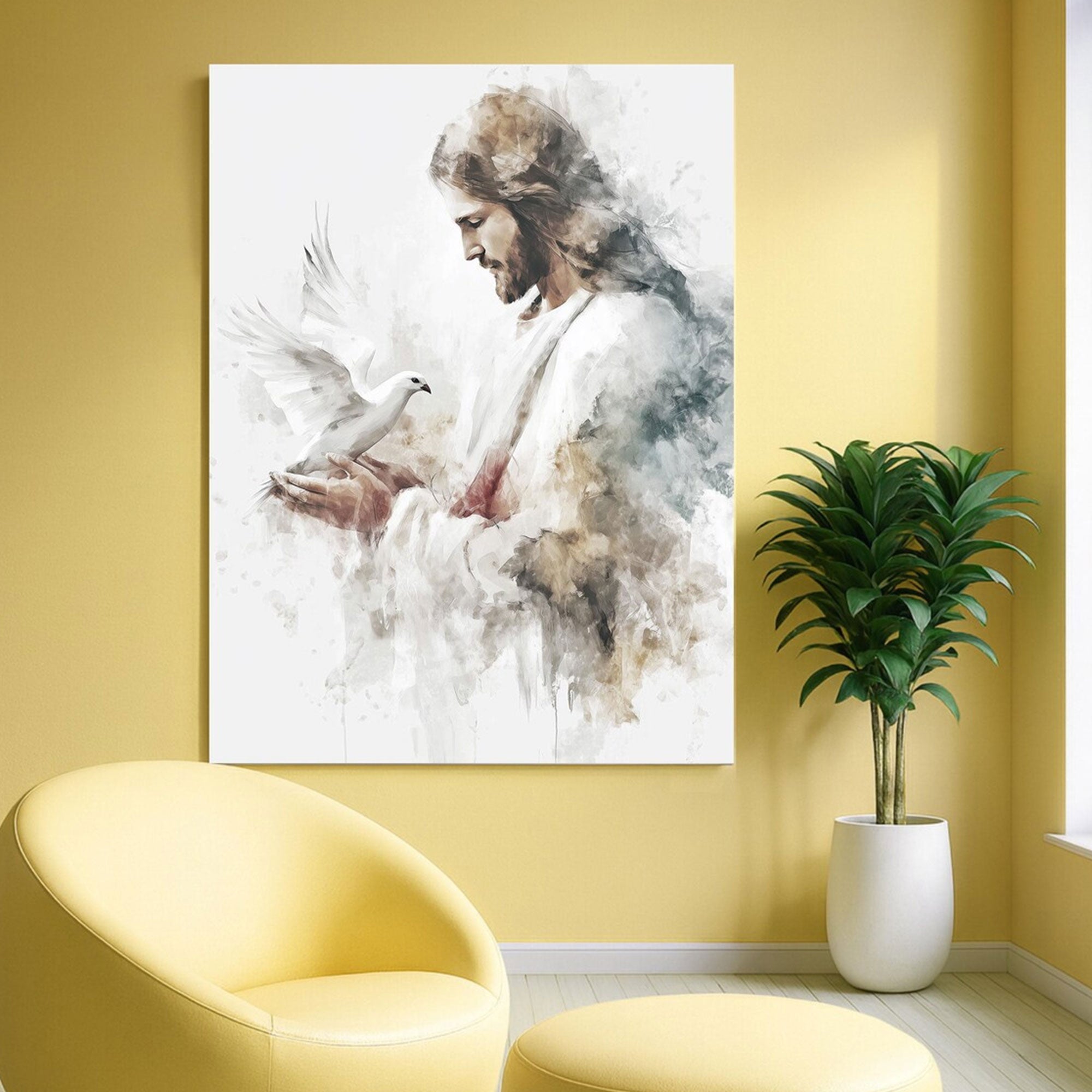 Jesus Dove Canvas Wall Art, Christ Peace Watercolor Painting, Christian Religious Home Decor