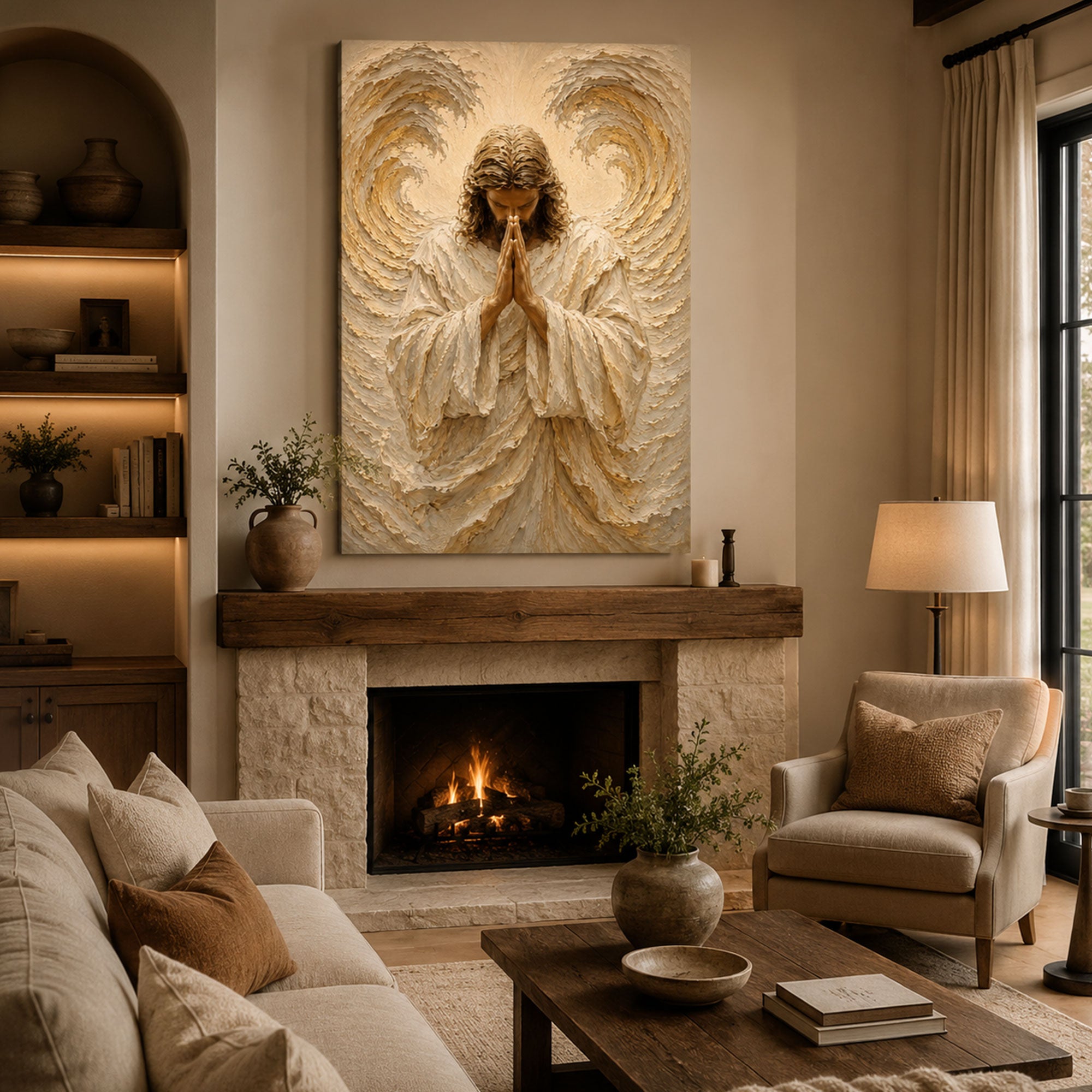 Praying Guardian Angel Canvas Print, Christian Angel Wall Art, Faith Home Decor Gift