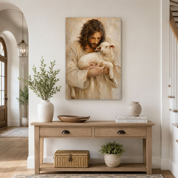 Jesus the Good Shepherd Holding a Lamb Canvas Print, Christian Home Decor