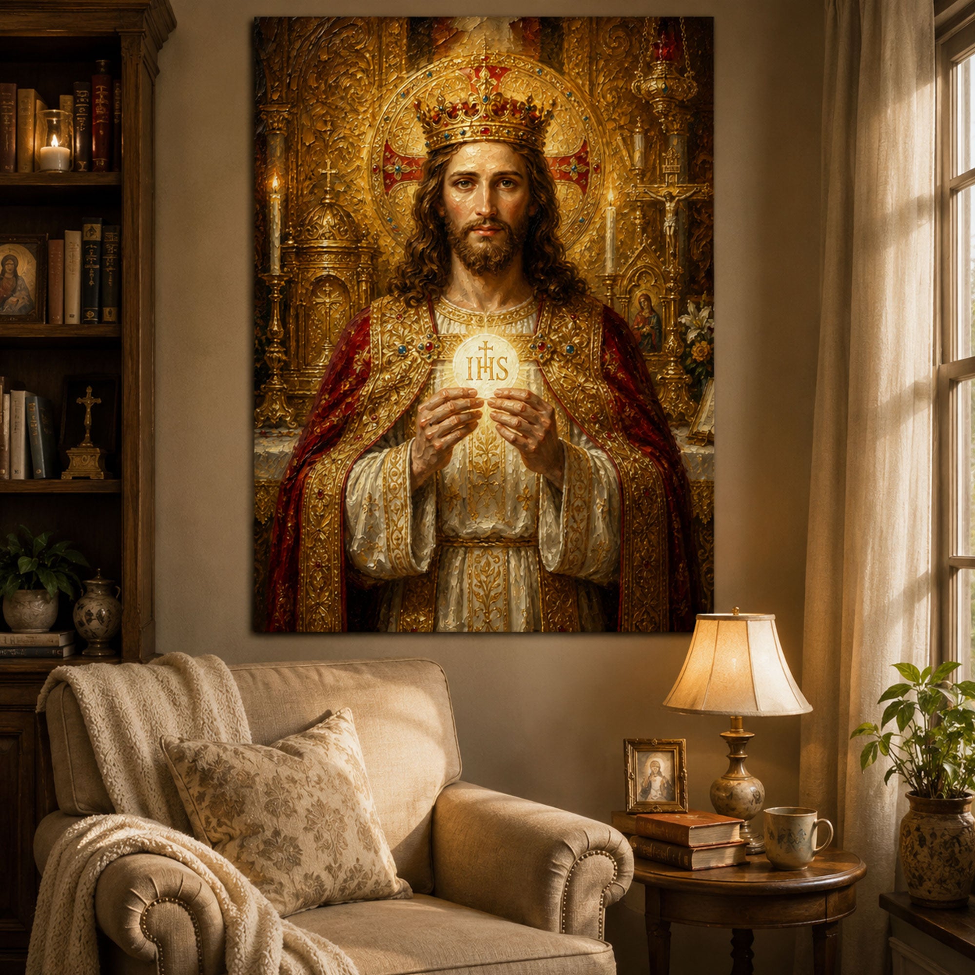 Christ the King Eucharistic Canvas Print, Jesus Holding the Holy Eucharist, Catholic Religious Wall Art, Sacred Christian Home Decor