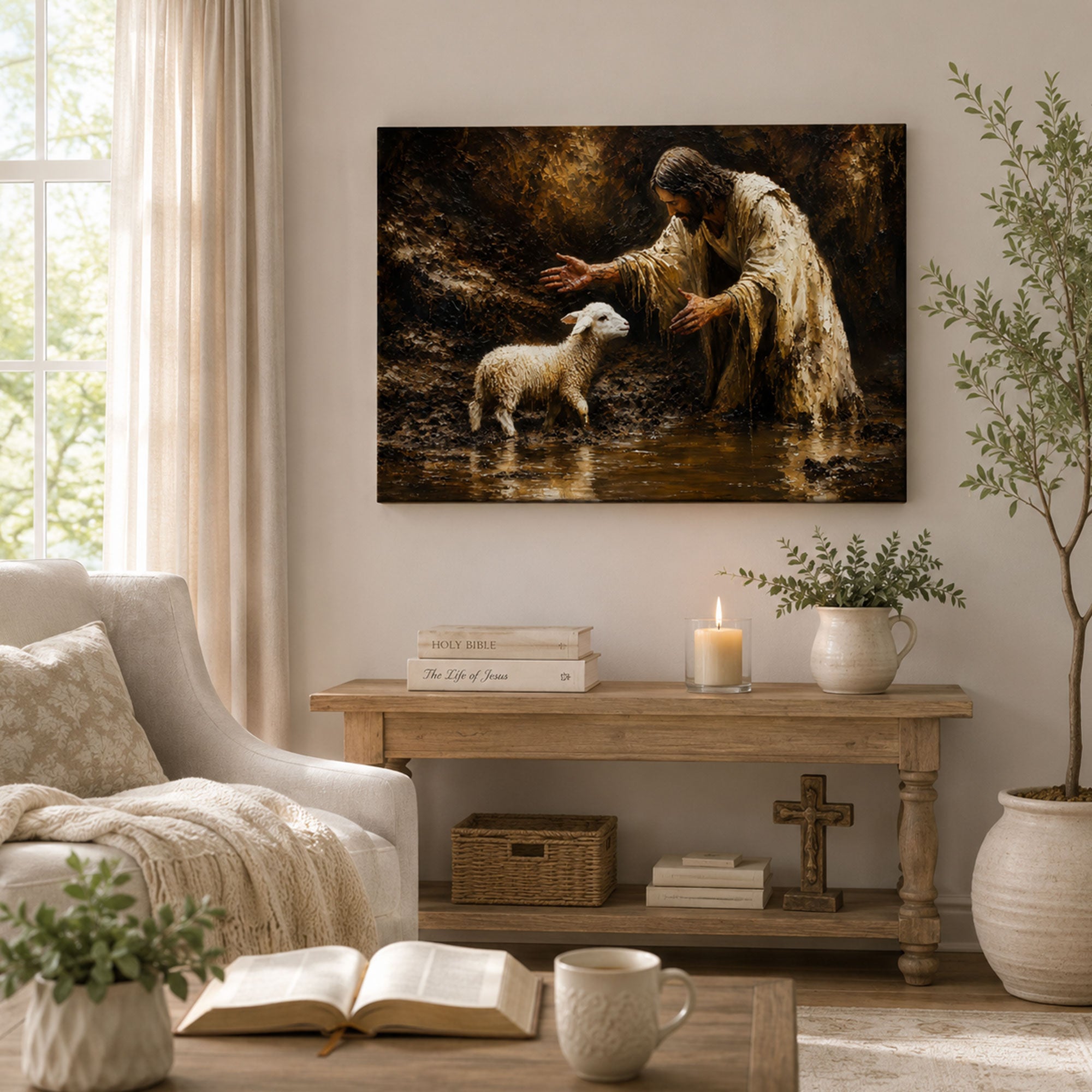 Jesus Rescuing the Lost Lamb Canvas Print, Earth Tone Christian Decor
