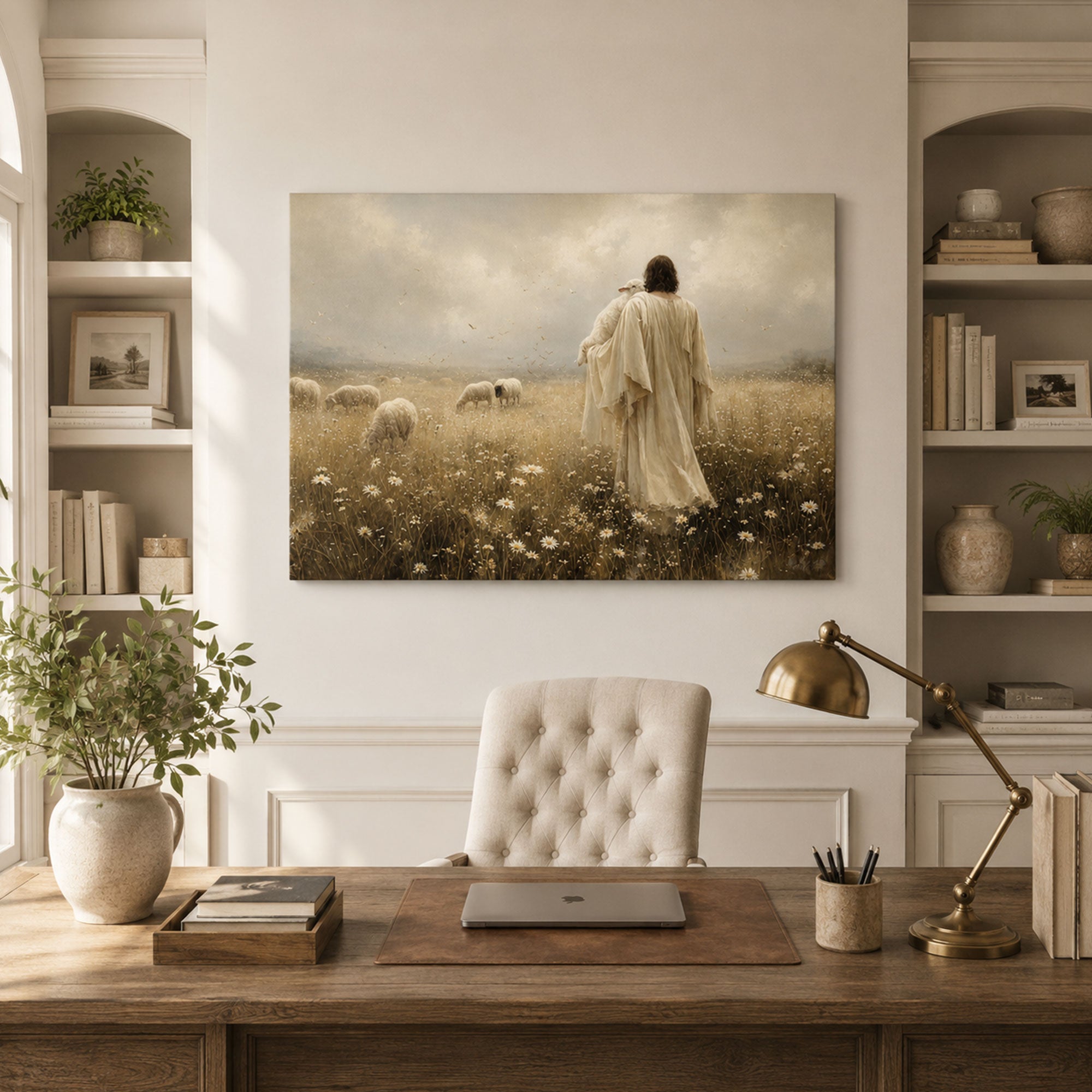 Jesus the Good Shepherd Canvas Print, Lamb and Meadow Christian Wall Art, Peaceful Faith Home Decor Gift
