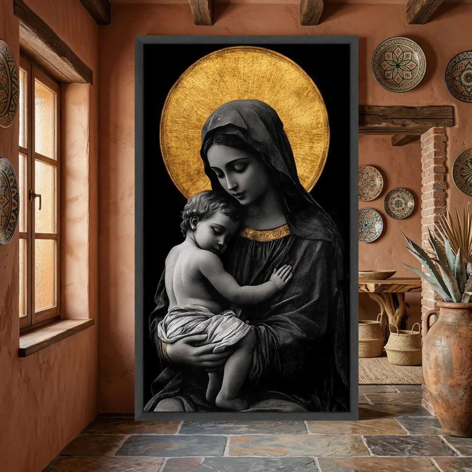 Madonna and Child Black Gold Canvas Wall Art, Virgin Mary Baby Jesus, Catholic Religious Decor