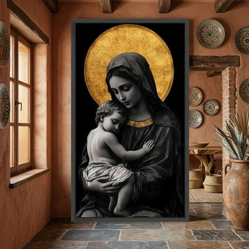 Madonna and Child Black Gold Canvas Wall Art, Virgin Mary Baby Jesus, Catholic Religious Decor