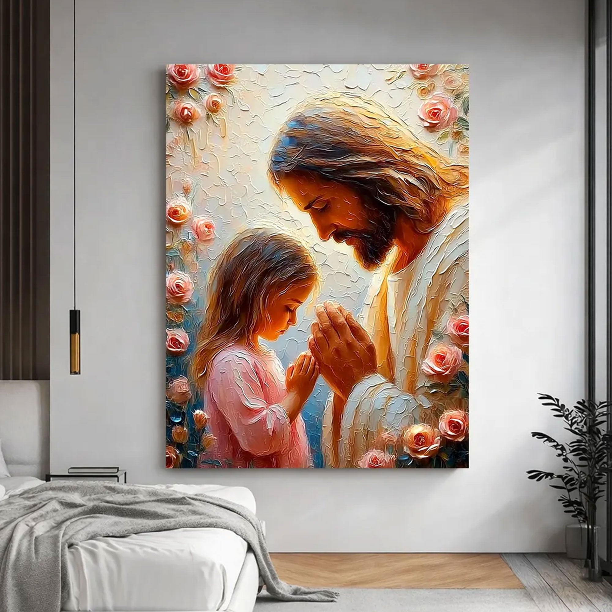 Jesus and Little Girl Praying Canvas Print Christian Daughter Wall Art Faith and Prayer Home Decor
