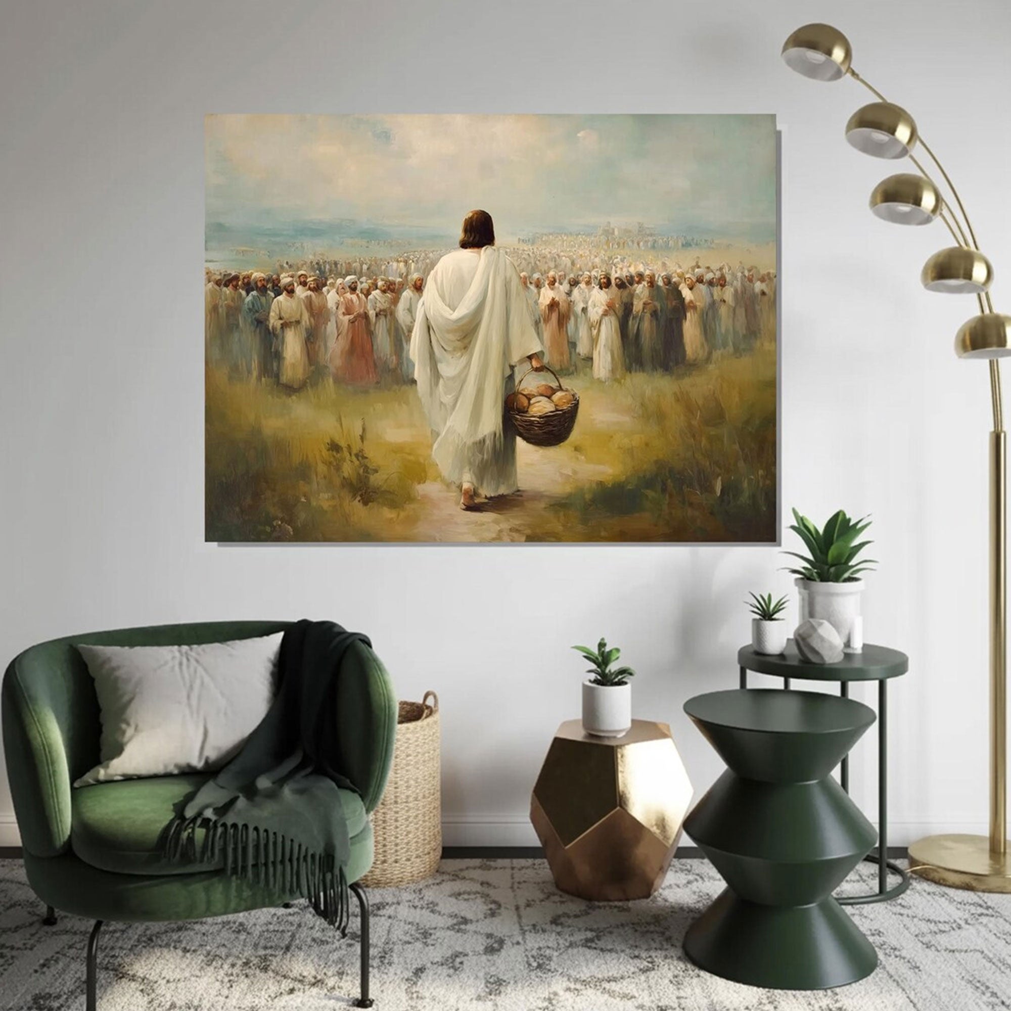 Jesus Feeding the Multitude Canvas Wall Art, Loaves and Fish Miracle Painting, Christian Faith Home Decor