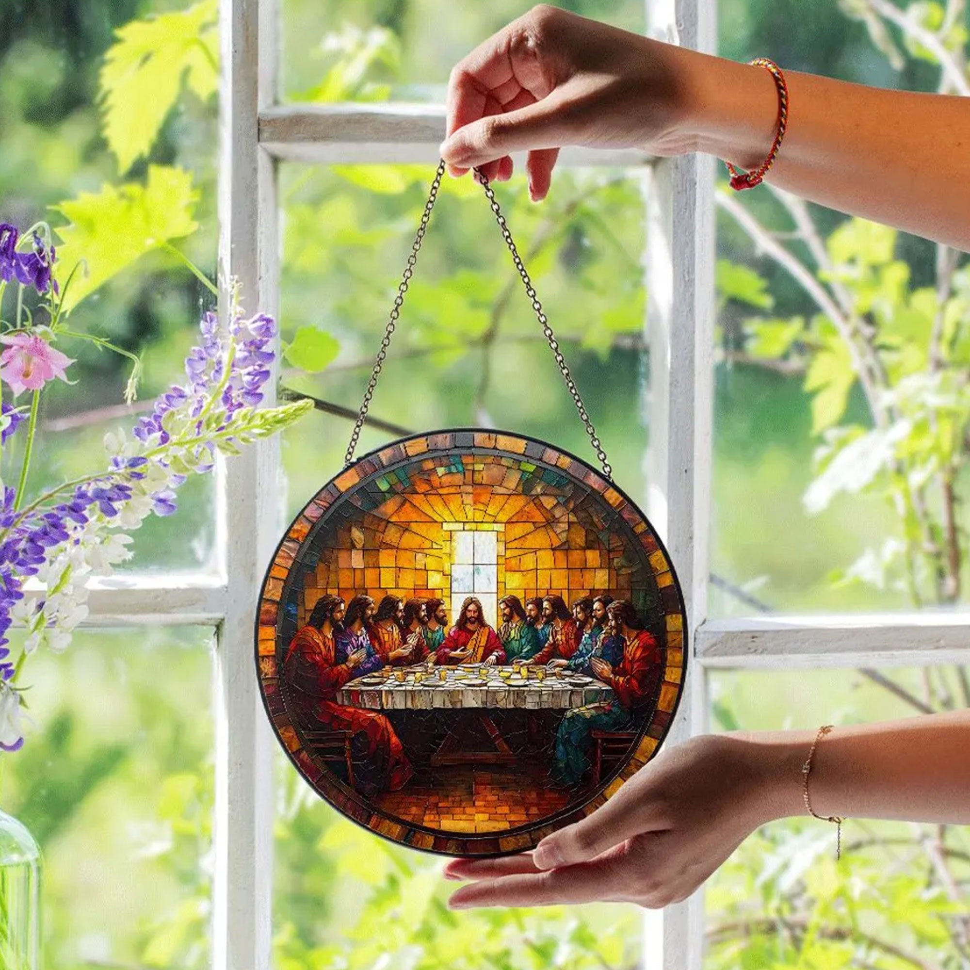 Last Supper Stained Glass Suncatcher, Christian Window Hanging Decor, Jesus Religious Wall Art, Faith Gift
