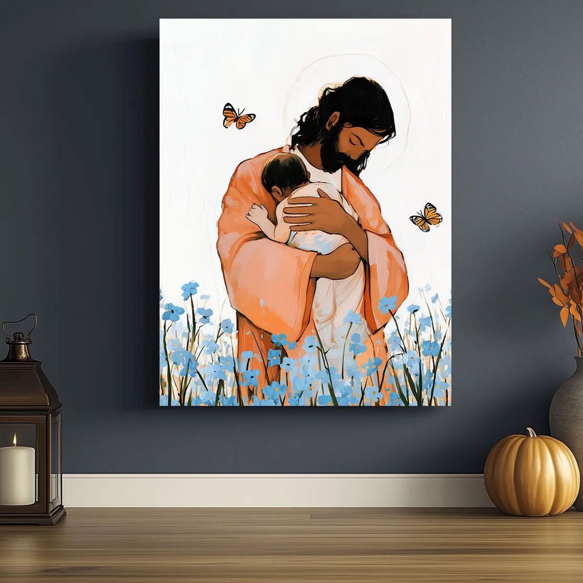 Jesus Holding Child Canvas Wall Art, Heavenly Embrace Painting, Christian Comfort Decor, Faith Inspired Nursery Artwork, Spiritual Gift