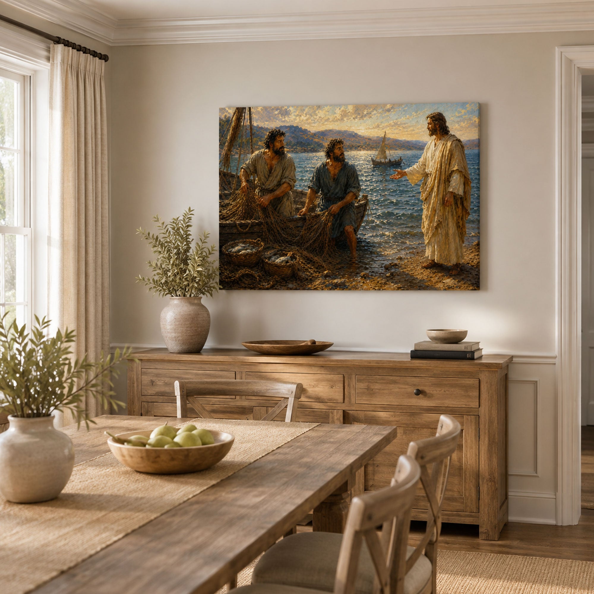 Miraculous Catch of Fish Canvas Print, Jesus and Disciples Luke 5 Christian Wall Decor, Faith Gift