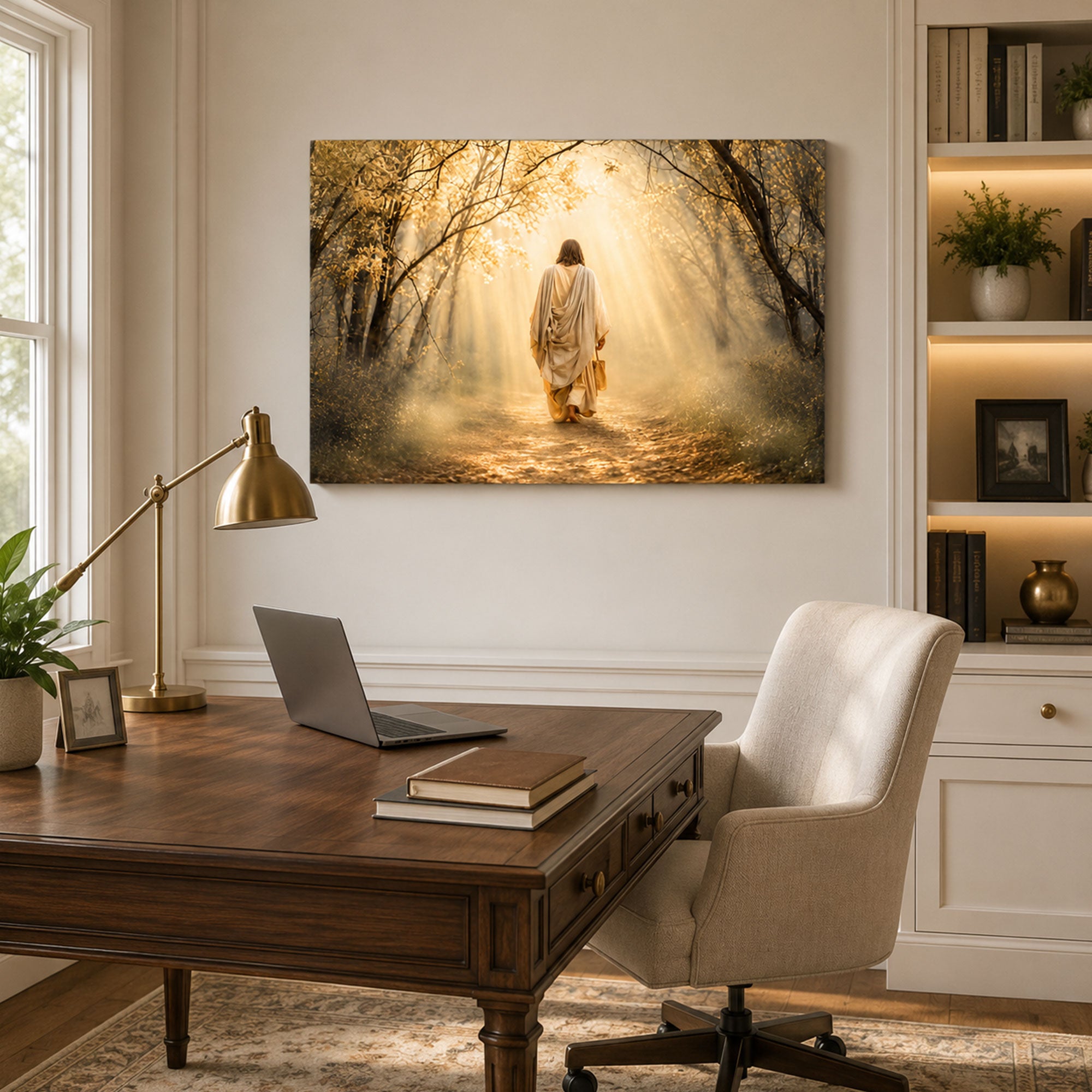 Christ on the Golden Woodland Path Canvas Print, Peaceful Christian Faith Decor