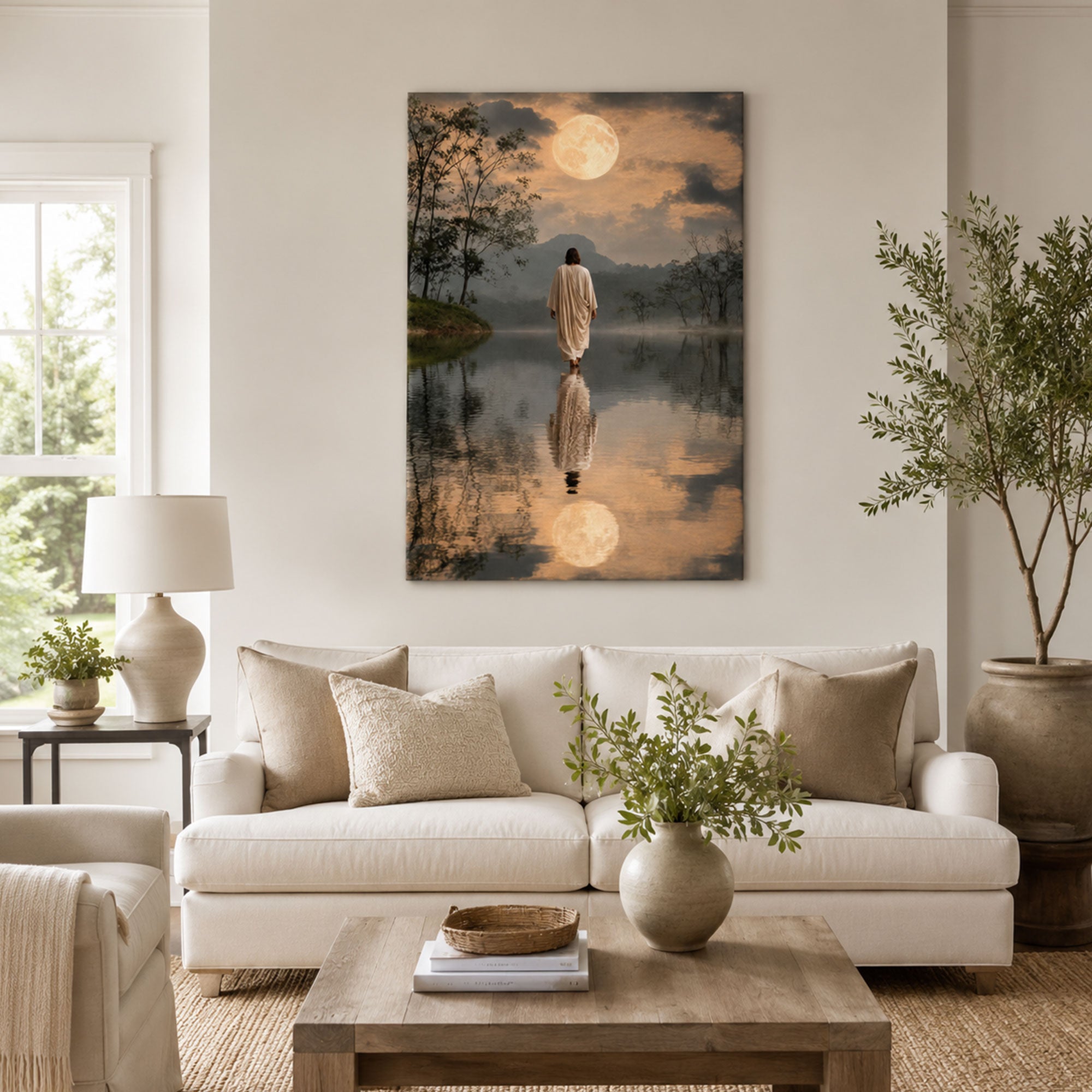 Jesus Walking on Water Under the Moon Canvas Print, Peaceful Christian Faith Decor