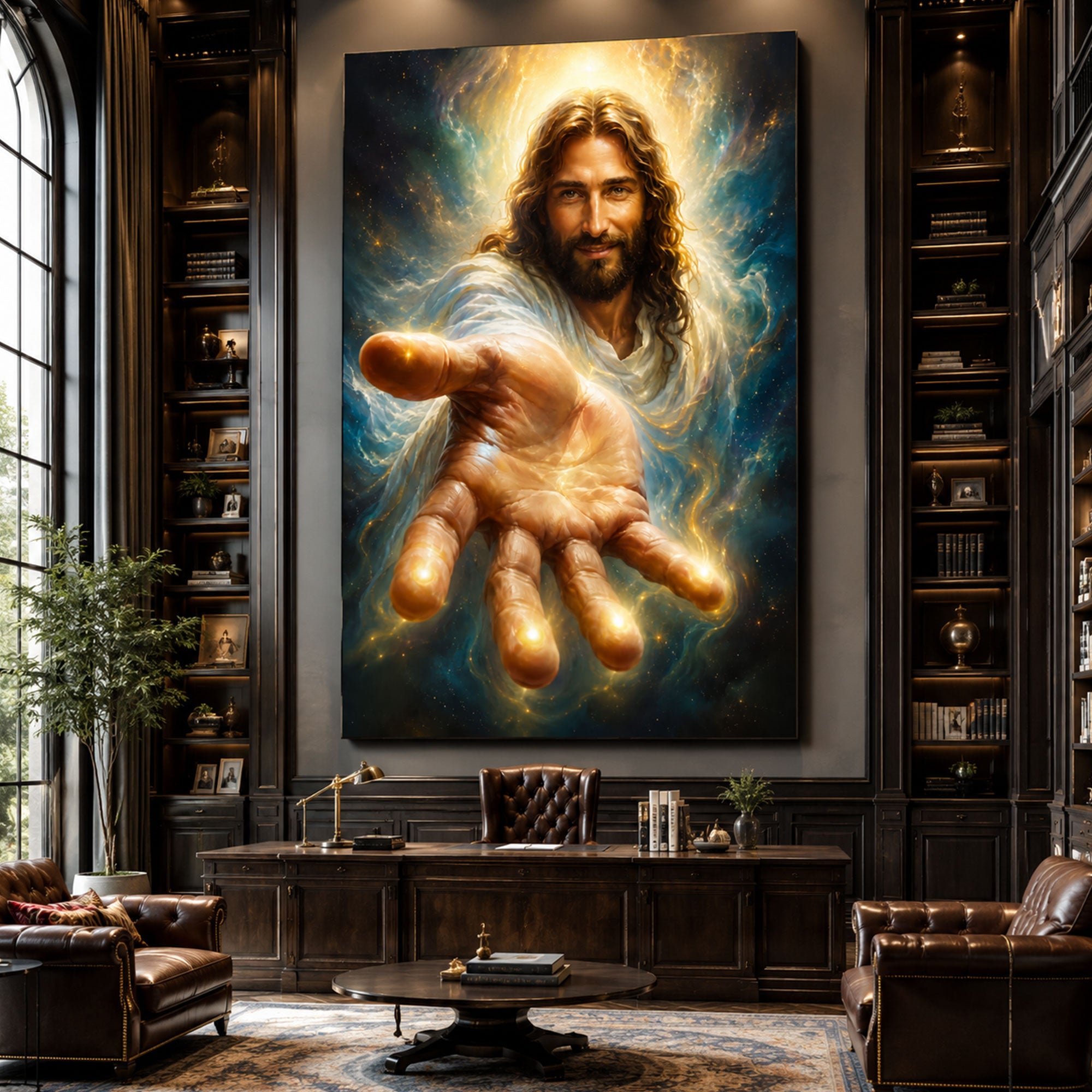Heavenly Jesus Reaching Hand Canvas Print, Glowing Divine Light Christian Wall Art, Spiritual Galaxy Faith Decor