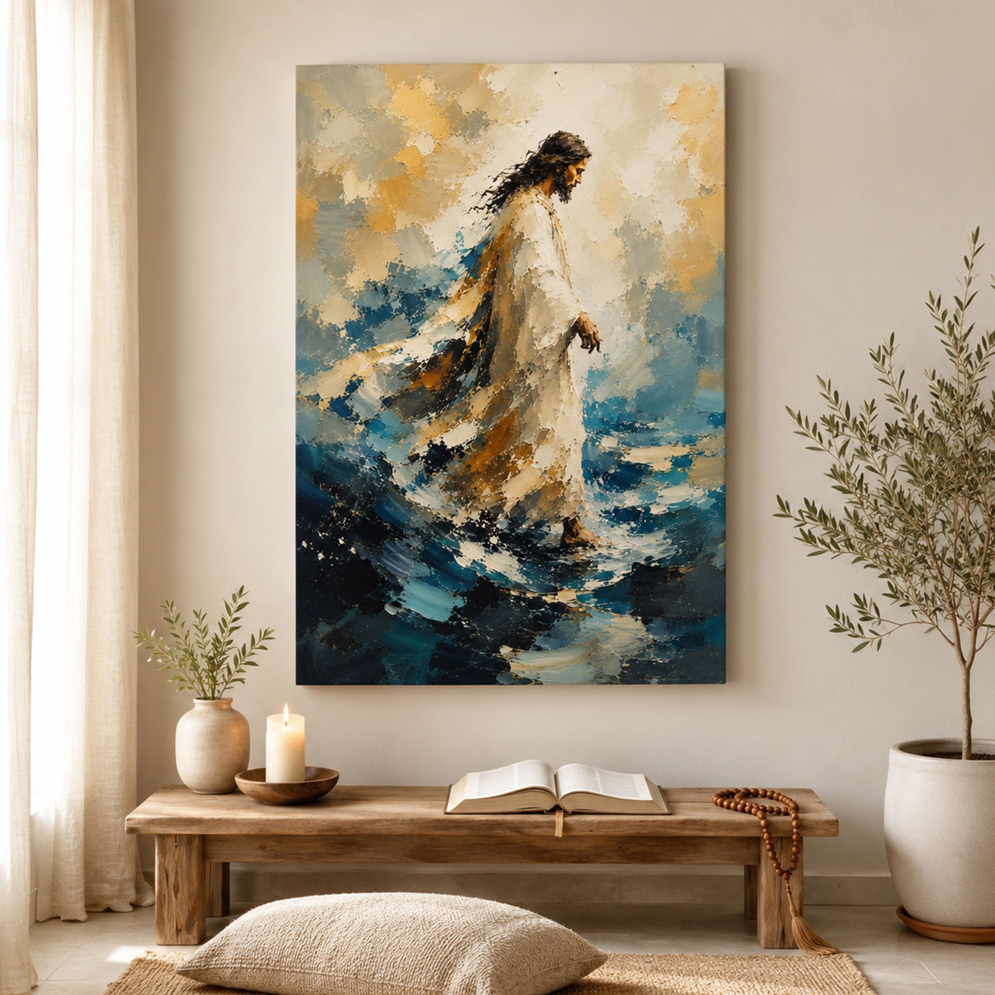 Jesus Walking on Water Canvas Print, Blue Christian Wall Art, Faith and Peace Home Decor