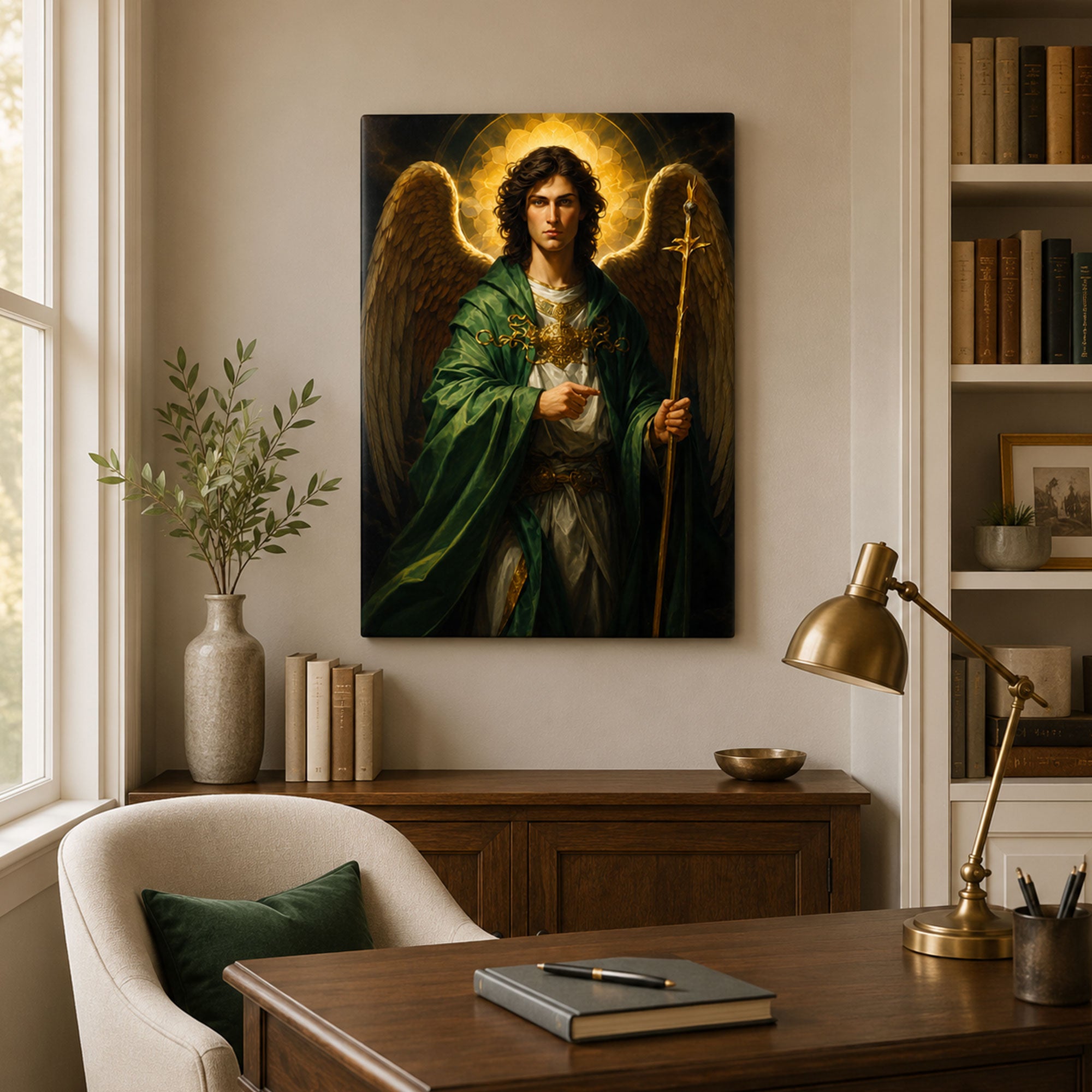 Saint Raphael Archangel Canvas Print, Catholic Healing Angel Wall Art, Green Robe Faith Home Decor Gift
