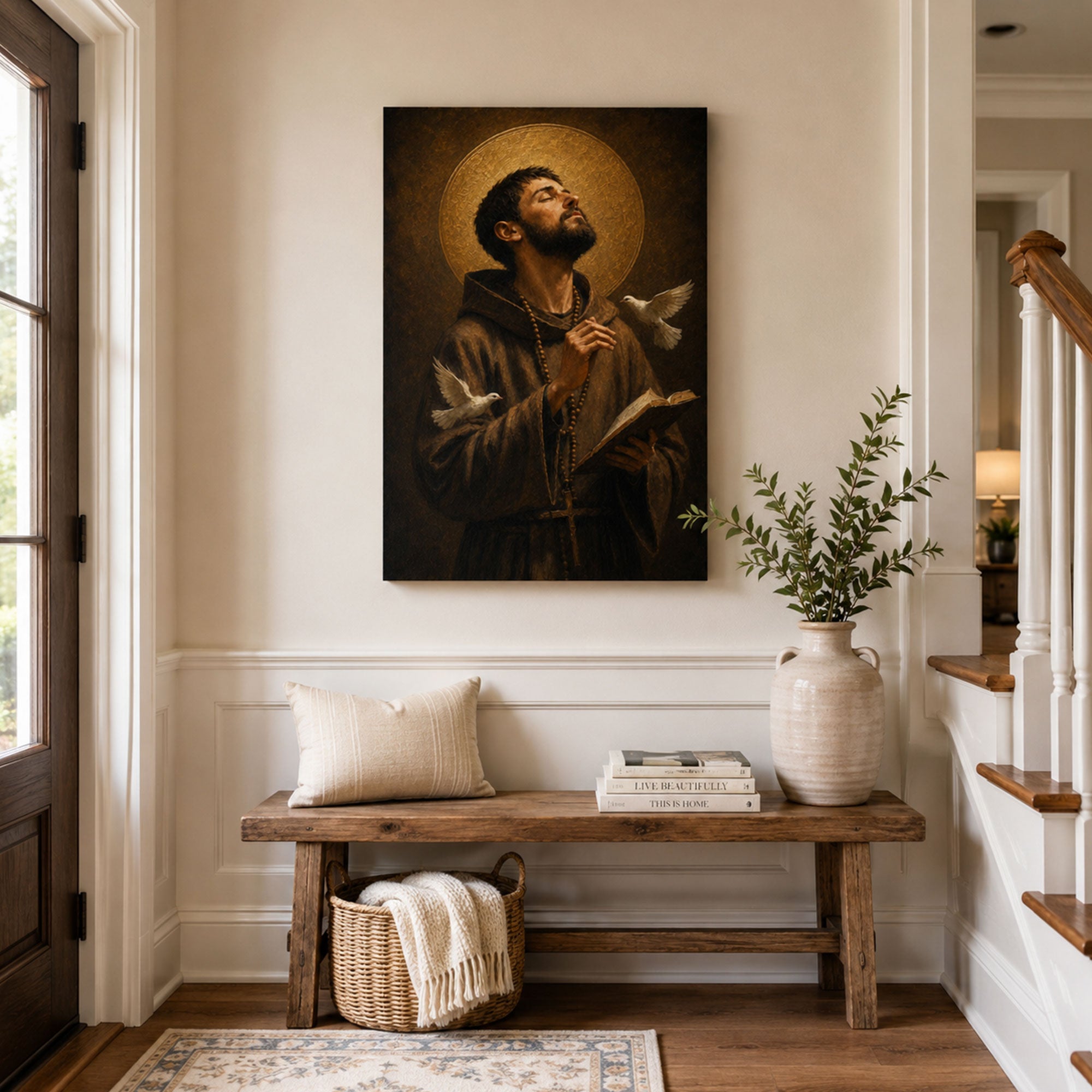 Saint Francis of Assisi Prayer Canvas Print, Catholic Saint Wall Art, Doves and Bible Faith Home Decor Gift