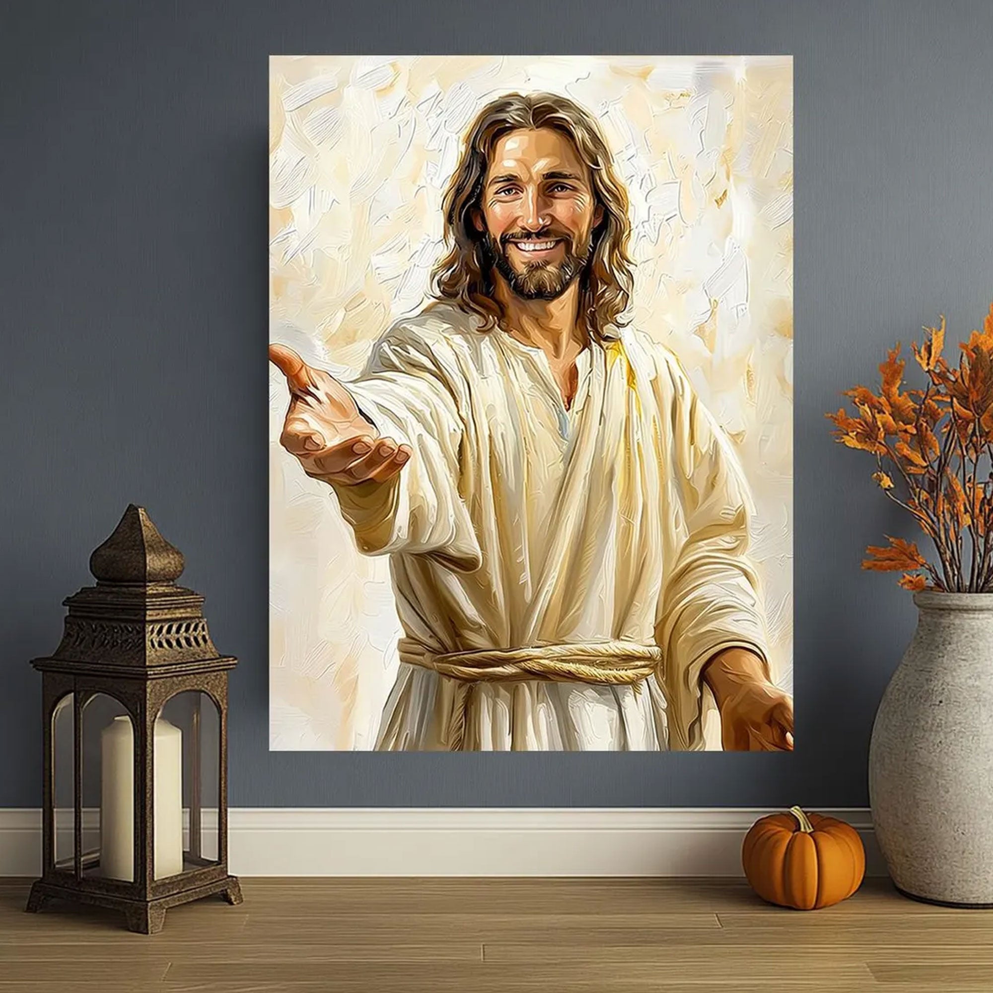 Smiling Jesus Welcoming Canvas Print, Open Arms Savior Wall Art, Christian Faith Home Decor, Religious Gift