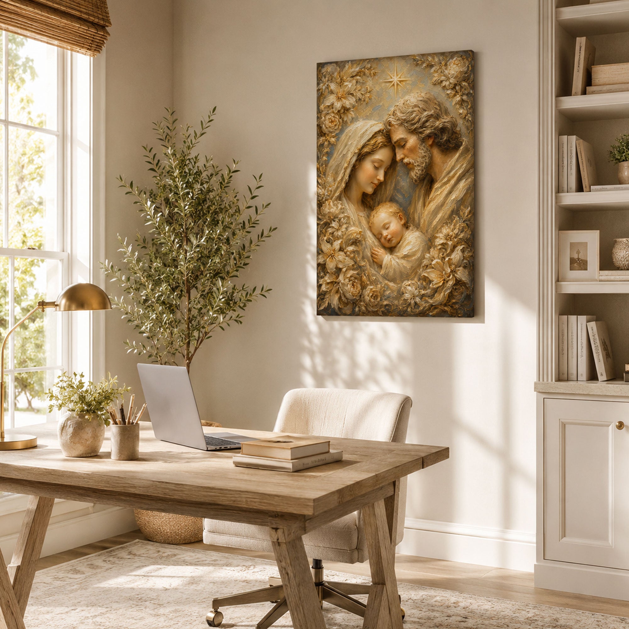 Holy Family Jesus Mary and Joseph Canvas Print, Golden Floral Catholic Wall Decor, Family Faith Gift