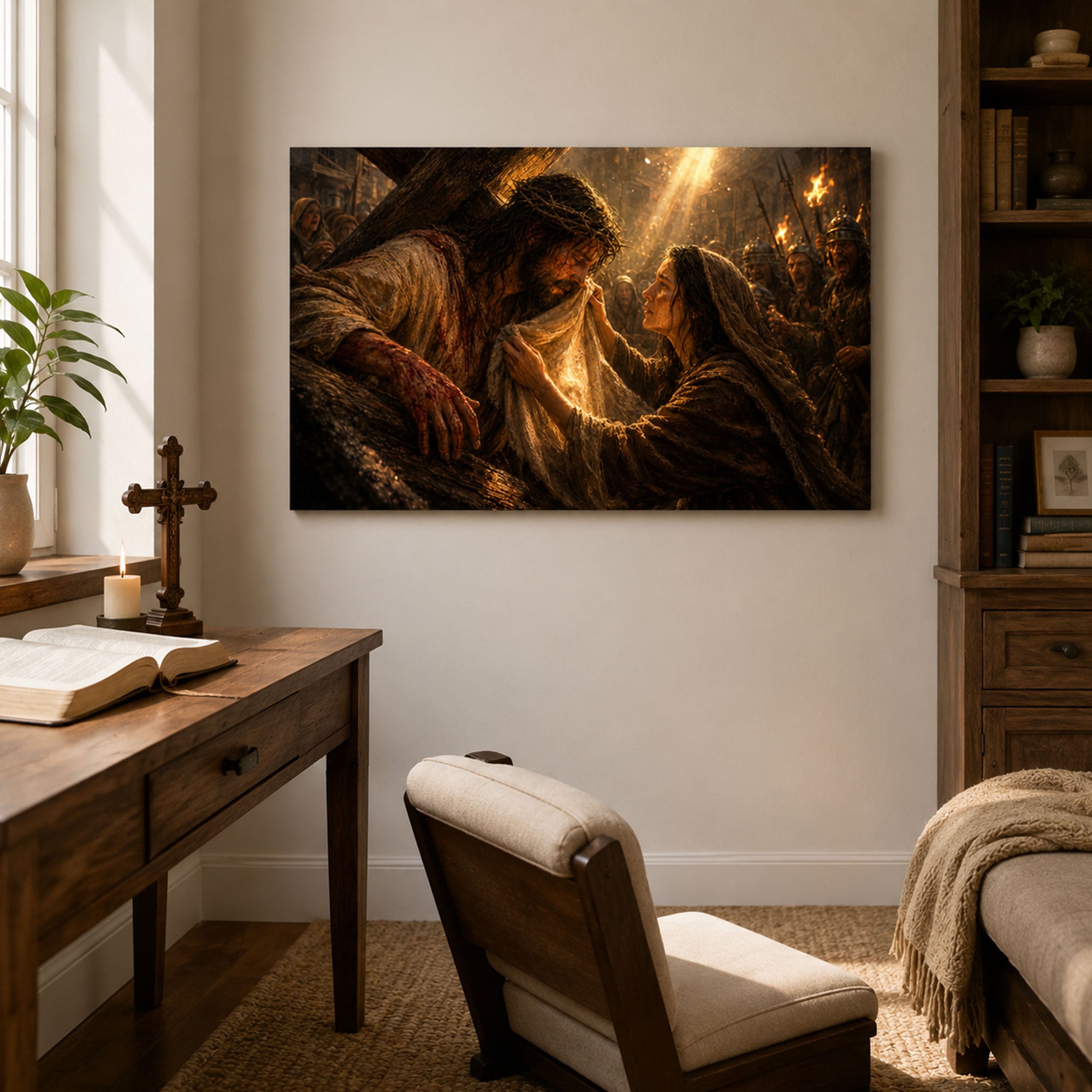 Jesus Carrying the Cross Canvas Print, Veronica Veil Catholic Wall Art, Passion of Christ Home Decor Gift