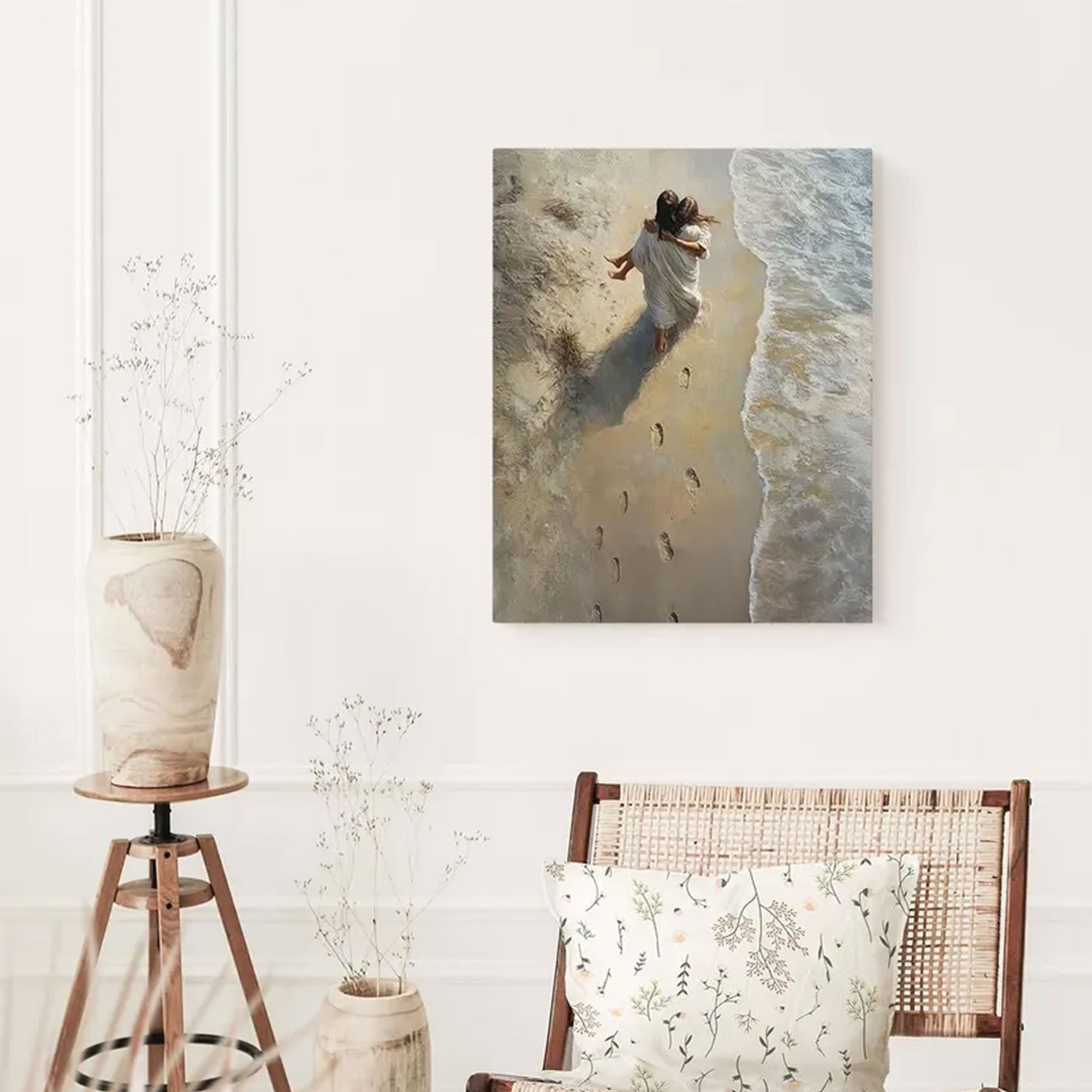 He Carried Me Canvas Print, Jesus Christ Portrait, Footprints in the Sand, Christian Wall Art, Framed Canvas