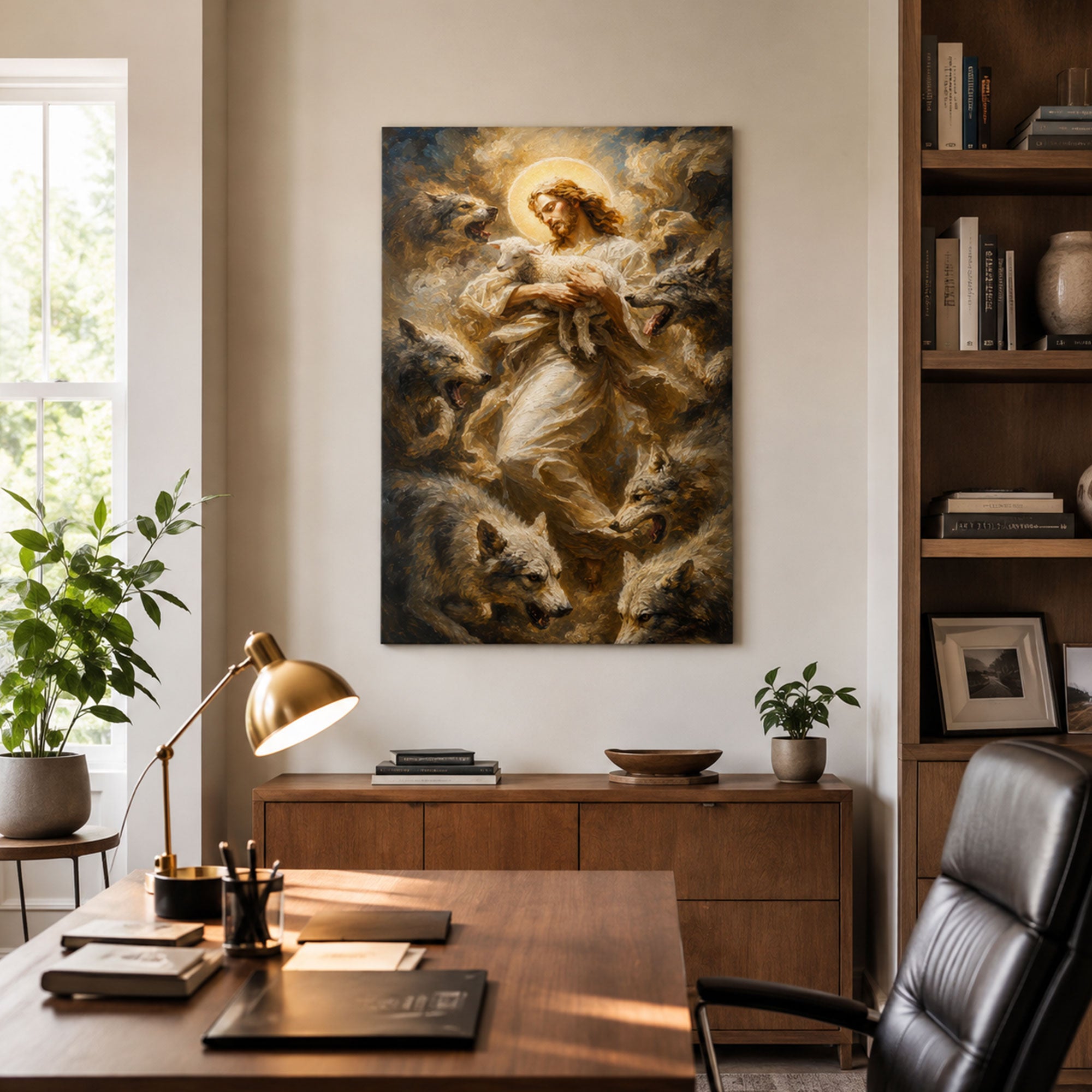 Jesus Protecting the Lamb from Wolves Canvas Print, Good Shepherd Christian Wall Decor, Faith Gift