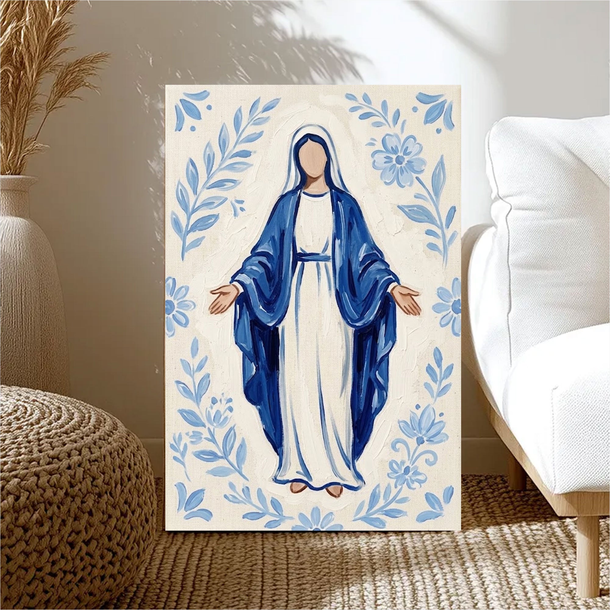 Minimalist Virgin Mary Canvas Print, Blue Madonna Catholic Wall Art, Christian Religious Decor, Sacred Home Painting