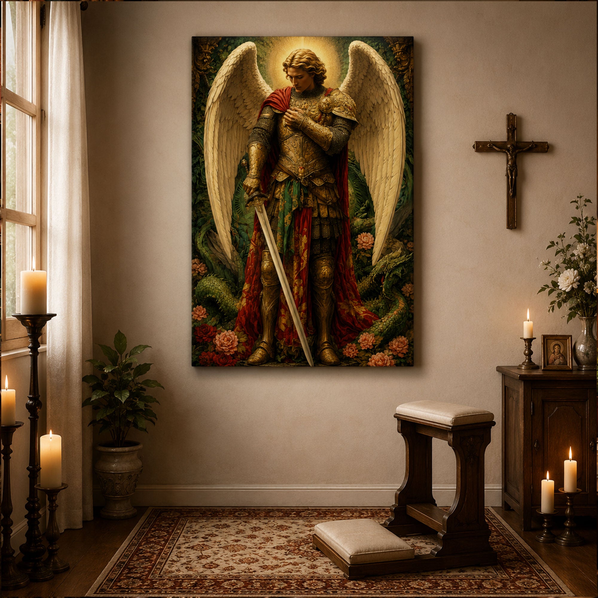 Saint Michael Archangel with Sword Canvas Print, Catholic Warrior Angel Wall Art, Faith Home Decor Gift