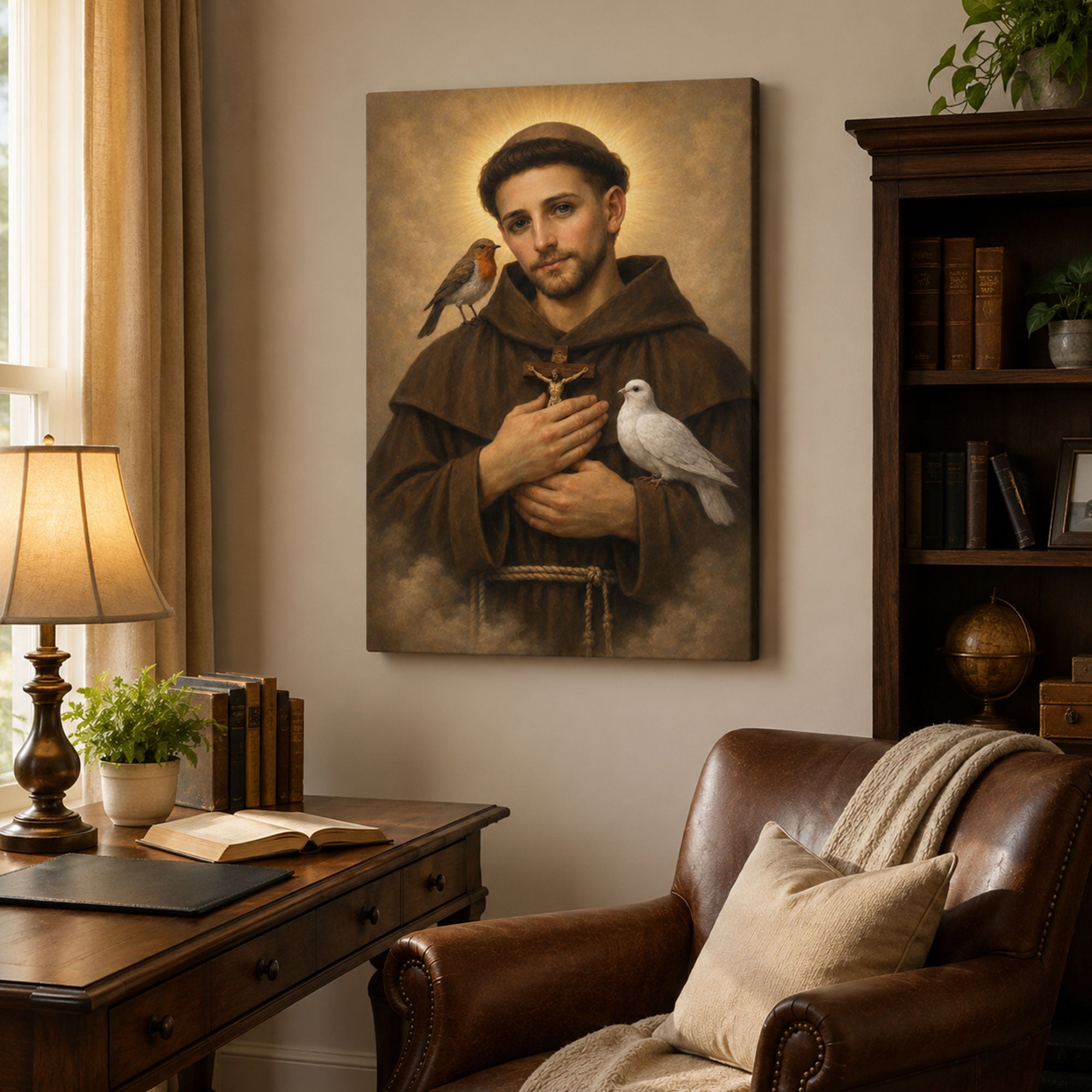 Saint Francis of Assisi with Birds Canvas Print, Catholic Saint Wall Art, Peaceful Faith Home Decor Gift