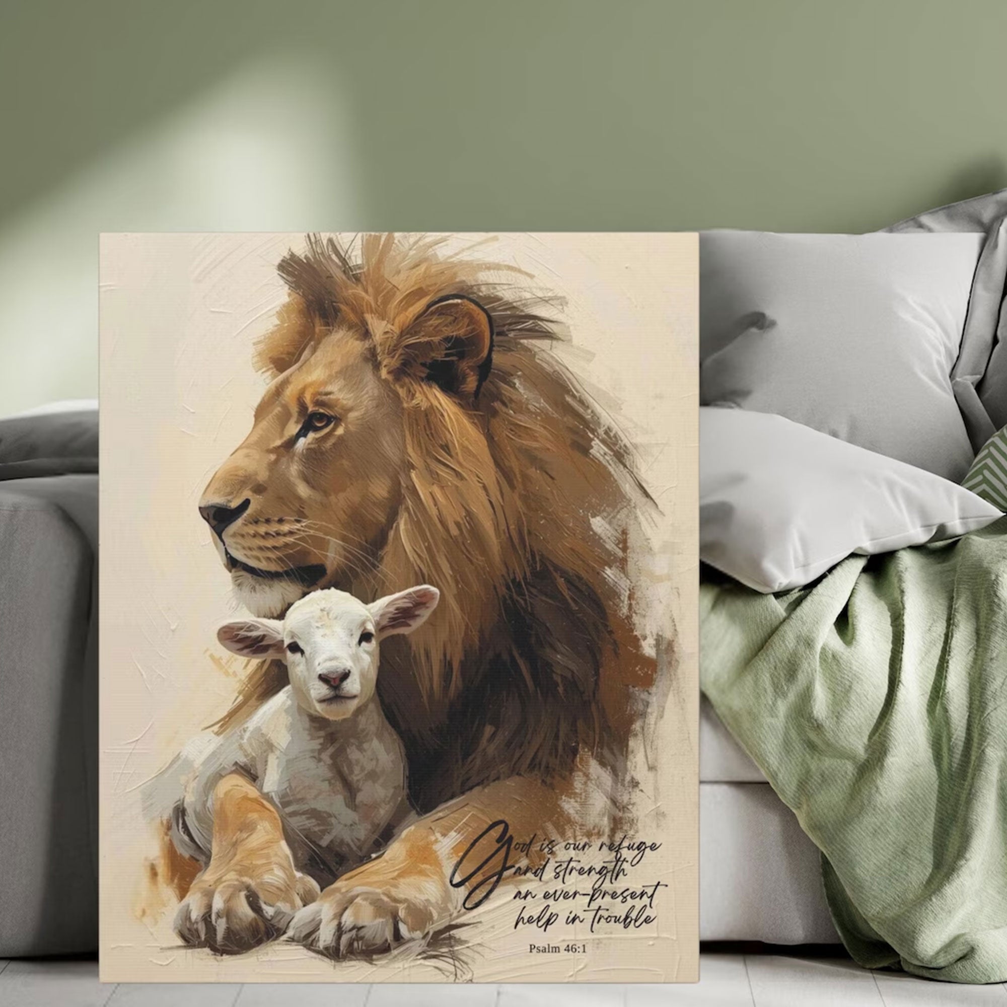 Lion and Lamb Canvas Print with Psalm 46:1, Christian Wall Art, Bible Verse Decor, Faith Inspired Gift