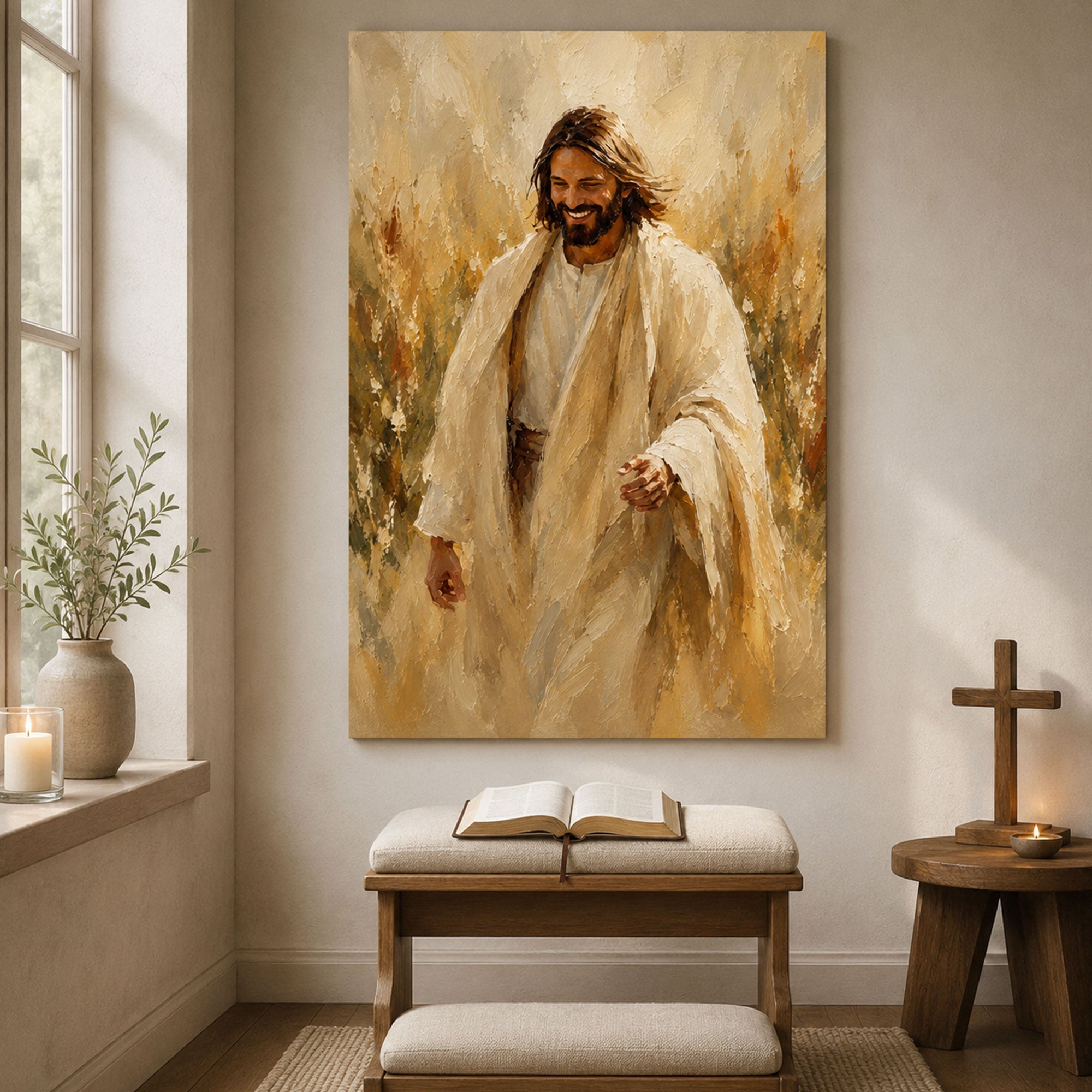 Smiling Jesus Canvas Print, Peaceful Christian Wall Art, Warm Faith Home Decor