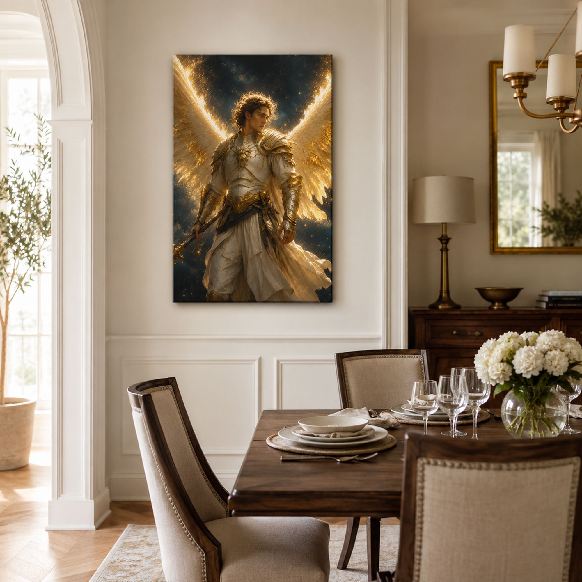 Saint Michael Prince of the Heavenly Host Canvas Print, Ivory Gold Catholic Art