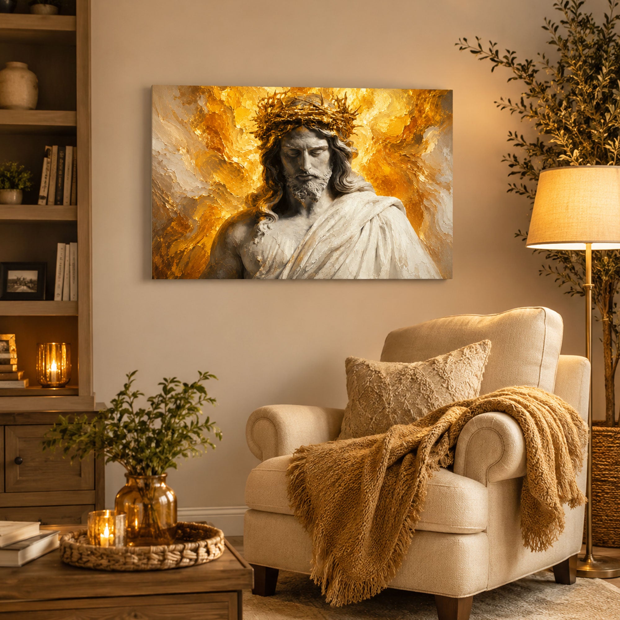 Jesus Crown of Thorns Panoramic Canvas Print, White Gold Catholic Wall Art, Passion of Christ Home Decor Gift