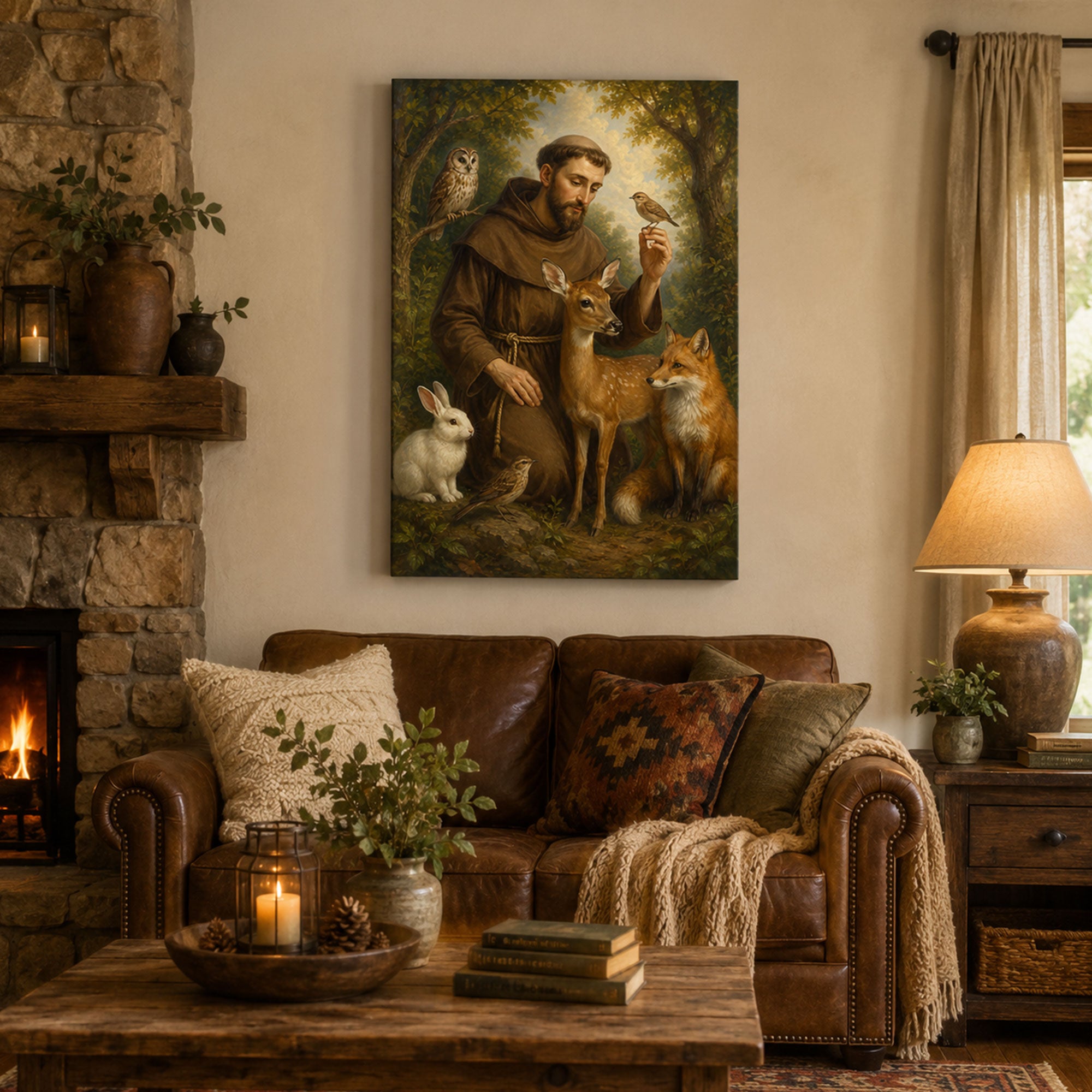 Saint Francis of Assisi Canvas Print, Catholic Saint Wall Art with Animals, Christian Home Decor Gift