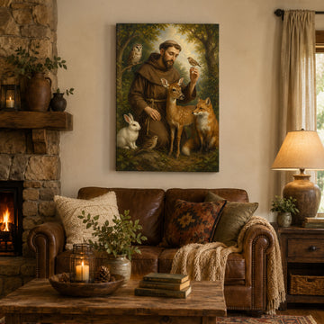 Saint Francis of Assisi Canvas Print, Catholic Saint Wall Art with Animals, Christian Home Decor Gift
