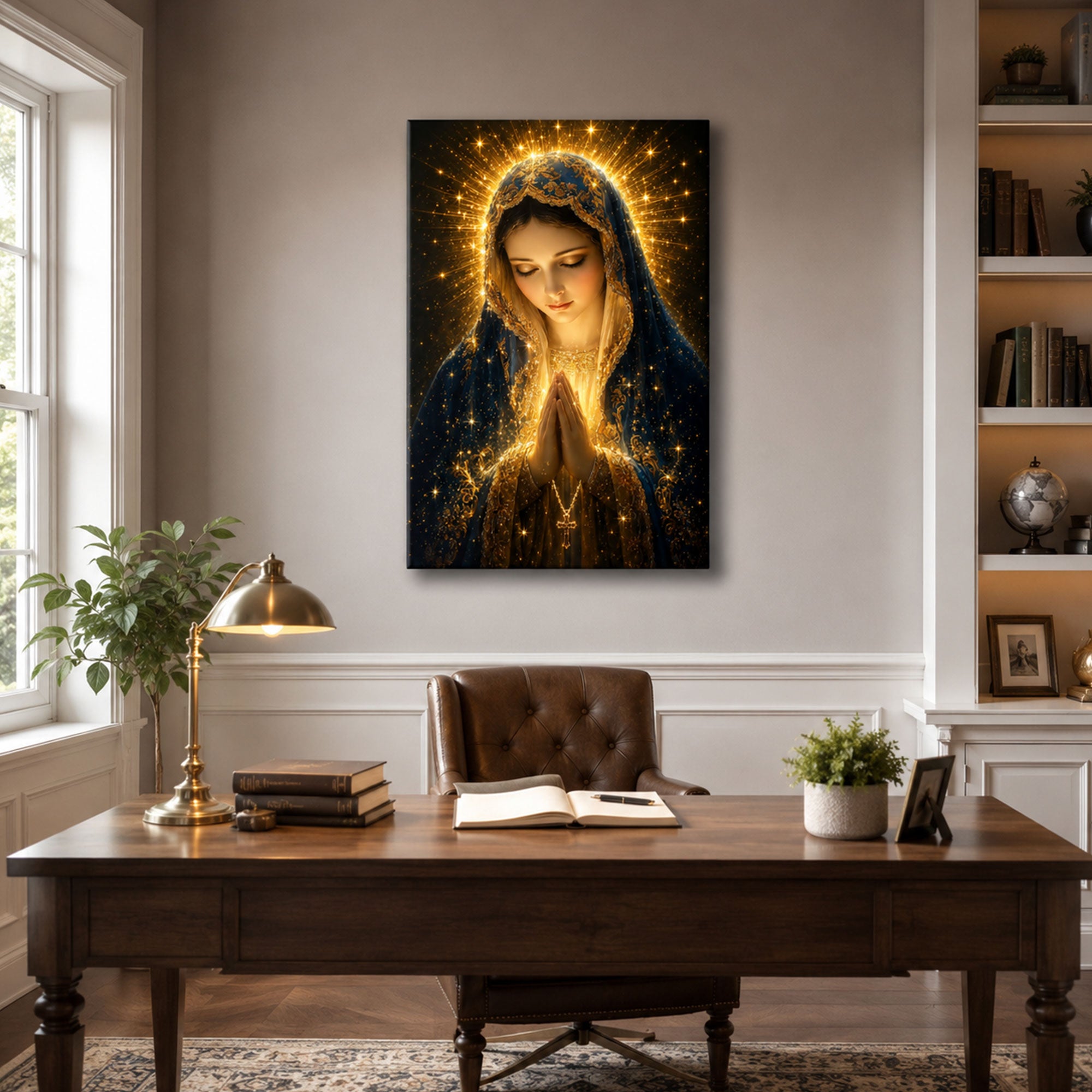 Blessed Virgin Mary Praying Canvas Print, Blue and Gold Catholic Marian Wall Art, Faith Home Decor Gift